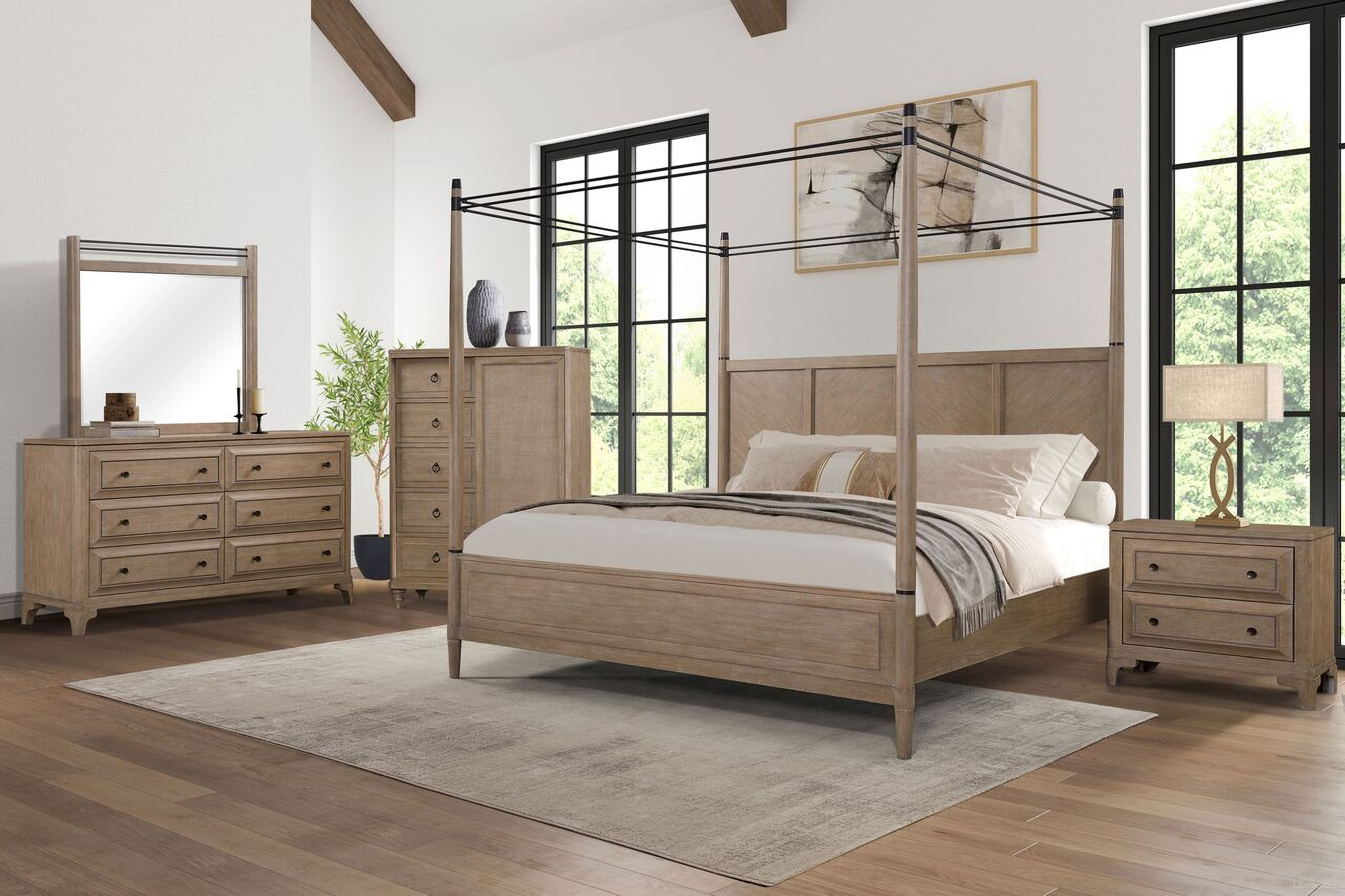 The appearance of Wilmington Canopy Bedroom Set In Sand designed by Bernell in the transitional interior design. This sand piece of furniture was selected by 1StopBedrooms from Wilmington Collection to add a touch of cosiness and style into your home. Sku: 338-108;338-120. Bed Type: Canopy Bed. Bed Size: Queen. Material: Rubberwood.