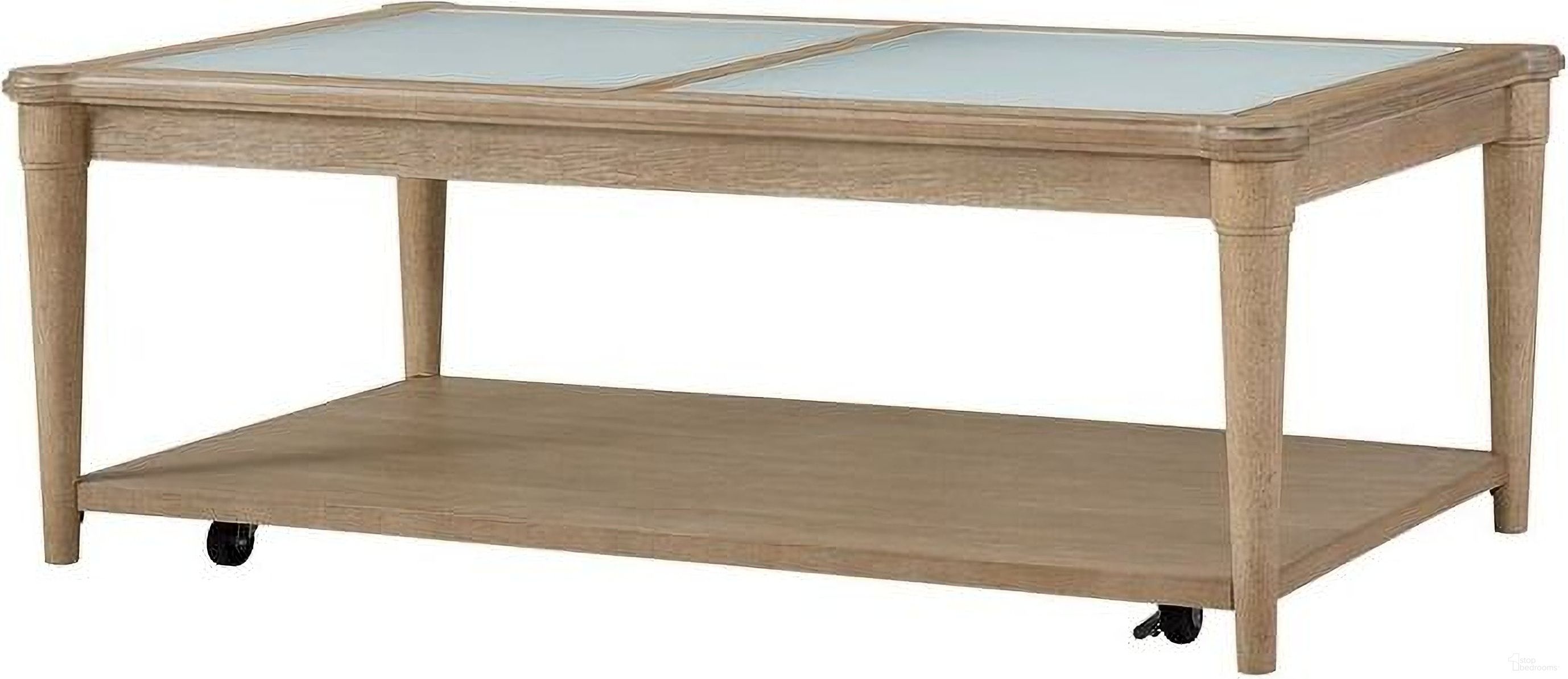 The appearance of Wilmington Frosted Glass Top Cocktail Table with Casters In Sand designed by Bernell in the transitional interior design. This sand piece of furniture  was selected by 1StopBedrooms from Wilmington Collection to add a touch of cosiness and style into your home. Sku: 338-010. Material: Rubberwood.