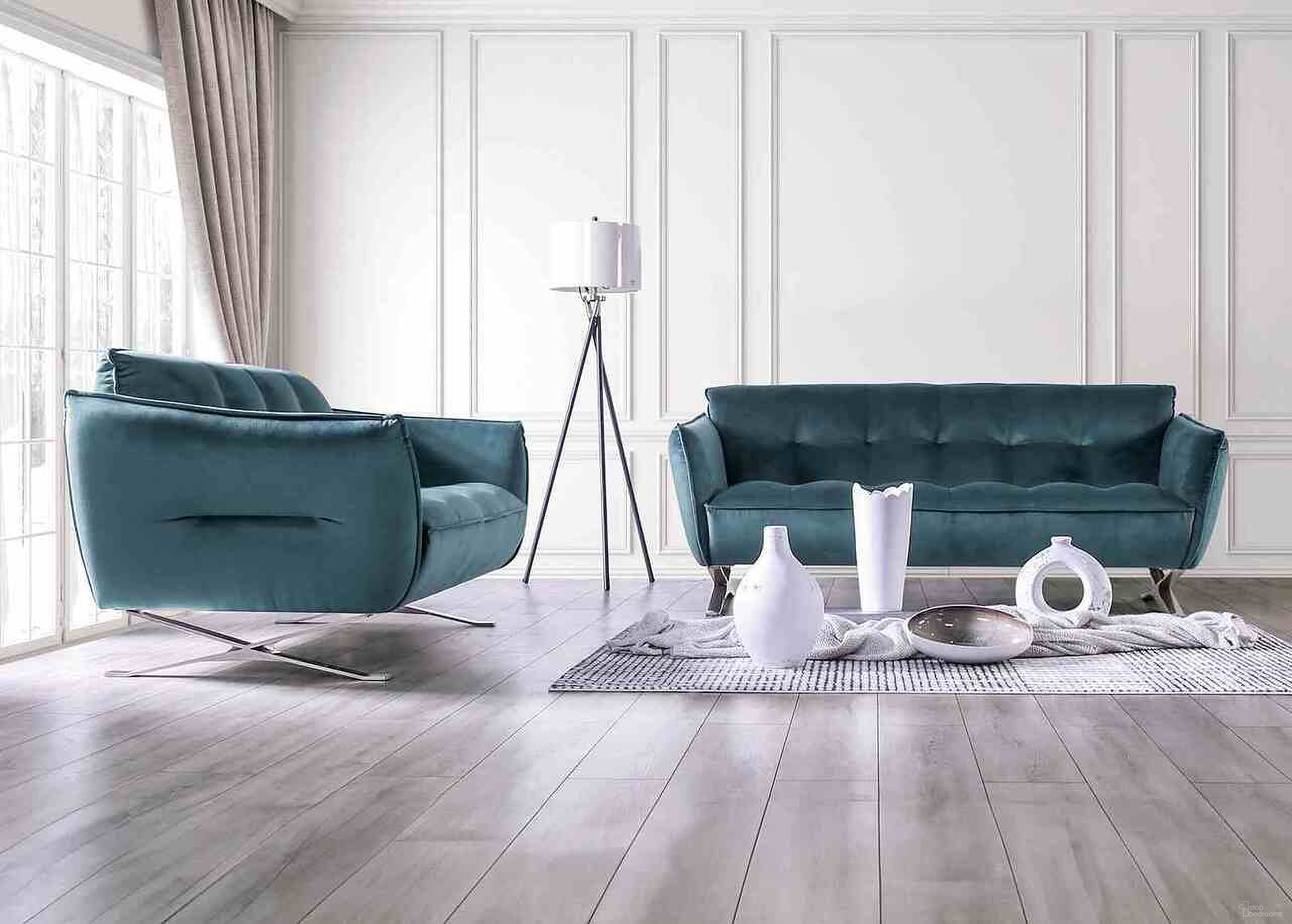 The appearance of Civellutino Living Room Set In Teal designed by Furniture of America in the modern / contemporary interior design. This teal piece of furniture  was selected by 1StopBedrooms from Civellutino Collection to add a touch of cosiness and style into your home. Sku: FM90004-LEG-2;FM90004TL-SF-1;FM90004-LEG-2;FM90004TL-LV-1. Material: Engineered Wood.