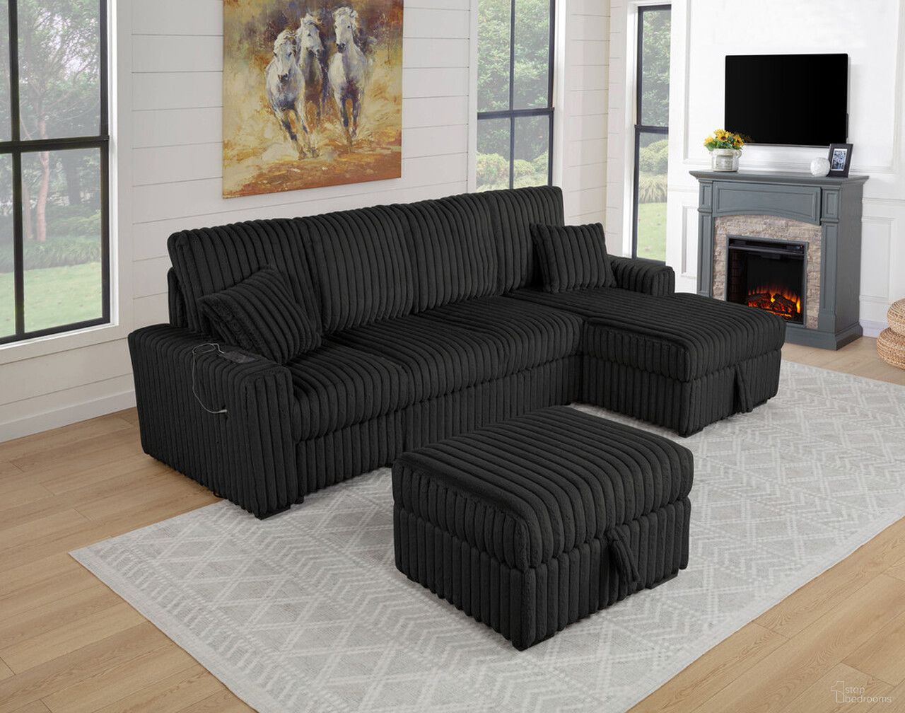 Clair 4-Piece Corduroy Sectional with Pull Out Loveseat In Black