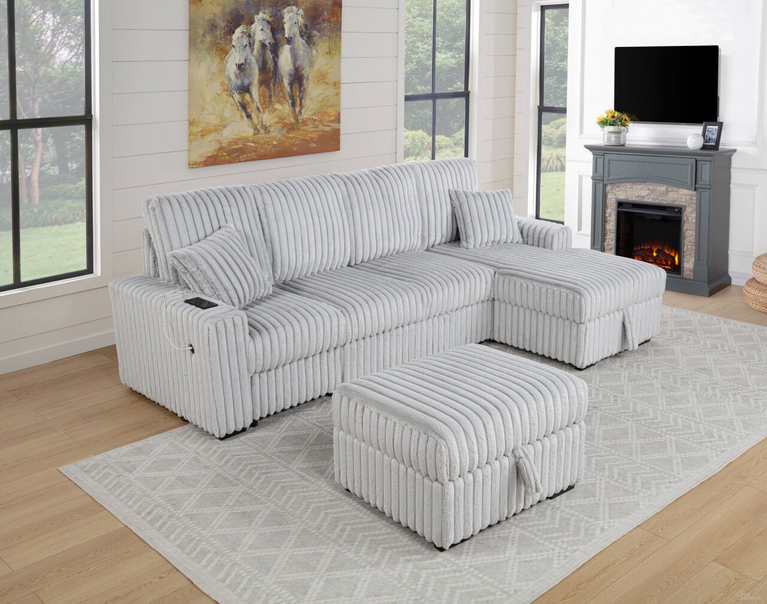 Clair 4-Piece Corduroy Sectional with Pull Out Loveseat In Light Gray
