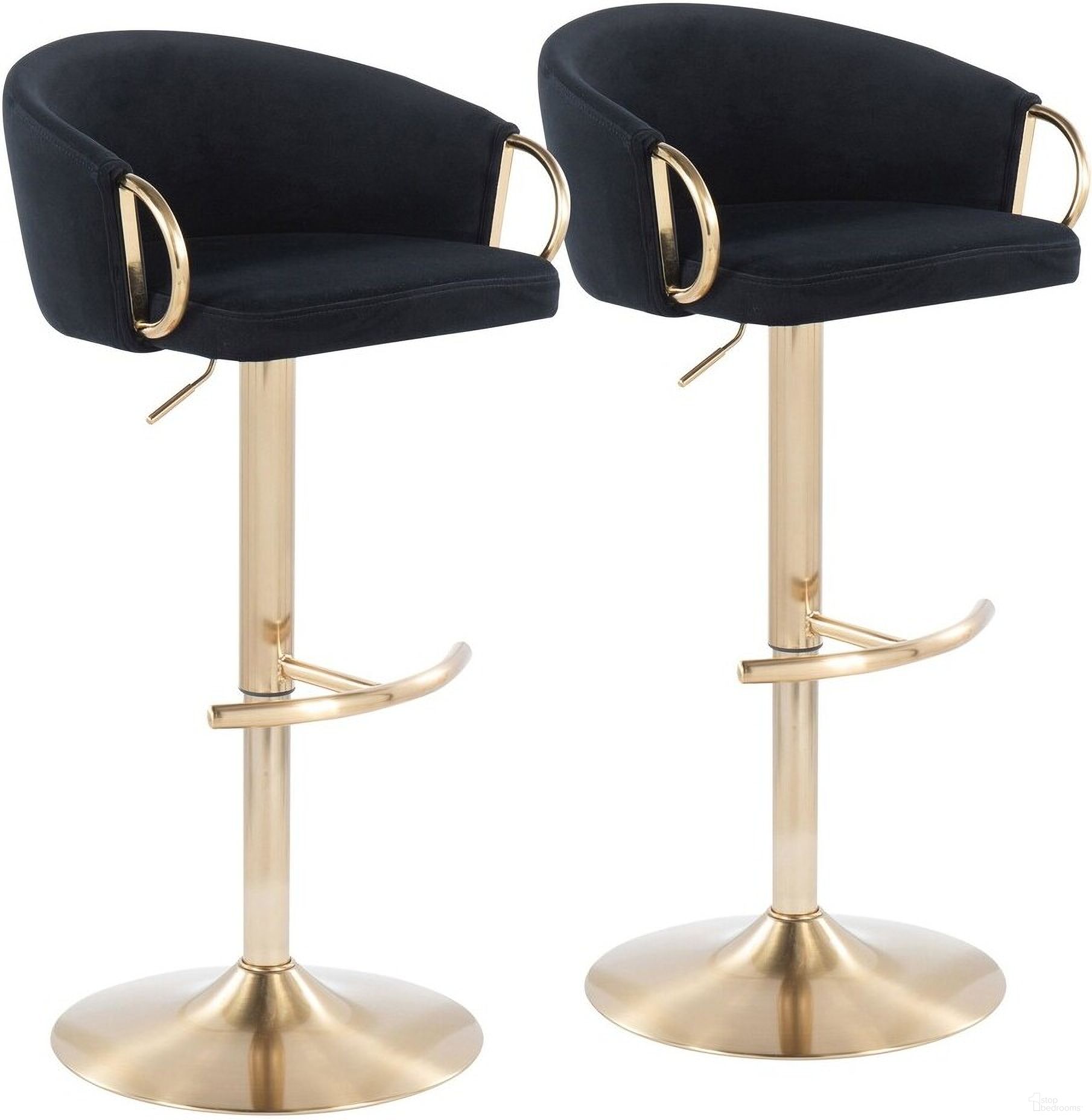 The appearance of Claire Adjustable Bar Stool Set of 2 In Black and Gold designed by Lumisource in the modern / contemporary interior design. This black and gold piece of furniture was selected by 1StopBedrooms from Claire Collection to add a touch of cosiness and style into your home. Sku: BS-CLAIRE2 AUVBK2. Material: Velvet.