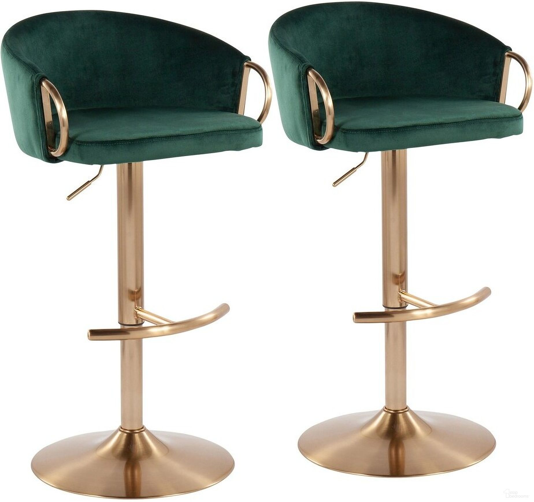 The appearance of Claire Adjustable Bar Stool Set of 2 In Green designed by Lumisource in the modern / contemporary interior design. This green piece of furniture was selected by 1StopBedrooms from Claire Collection to add a touch of cosiness and style into your home. Sku: BS-CLAIRE AUVGN2. Material: Velvet.