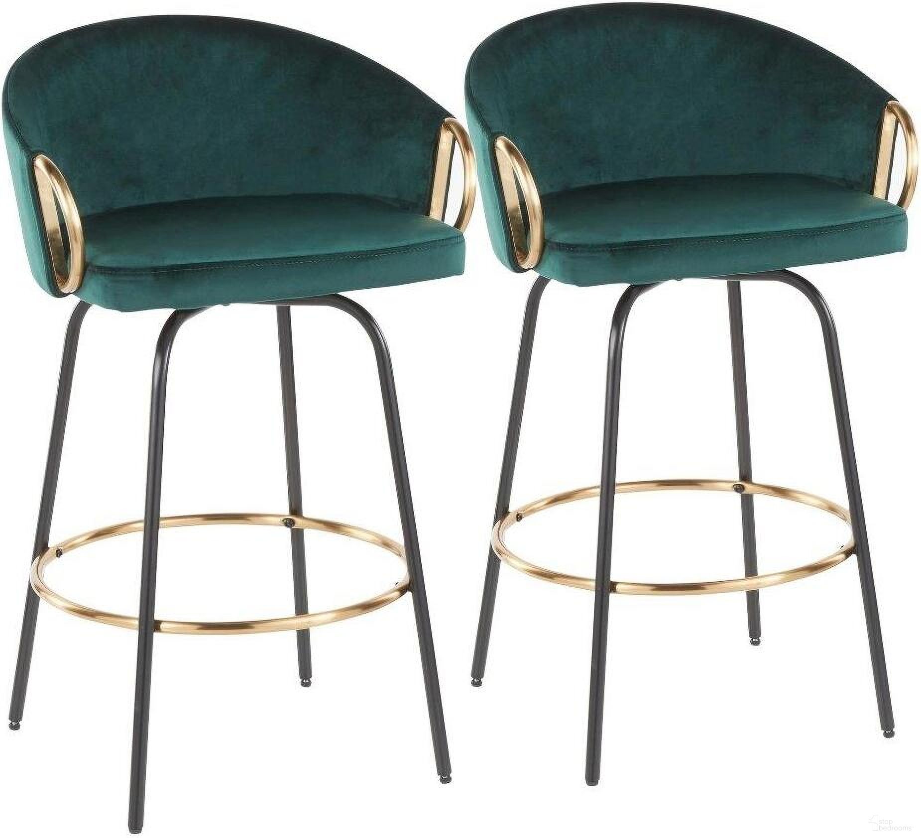 Claire Contemporary Counter Stool In Black Metal And Emerald Green Velvet With Gold Metal Accentt Set Of 2