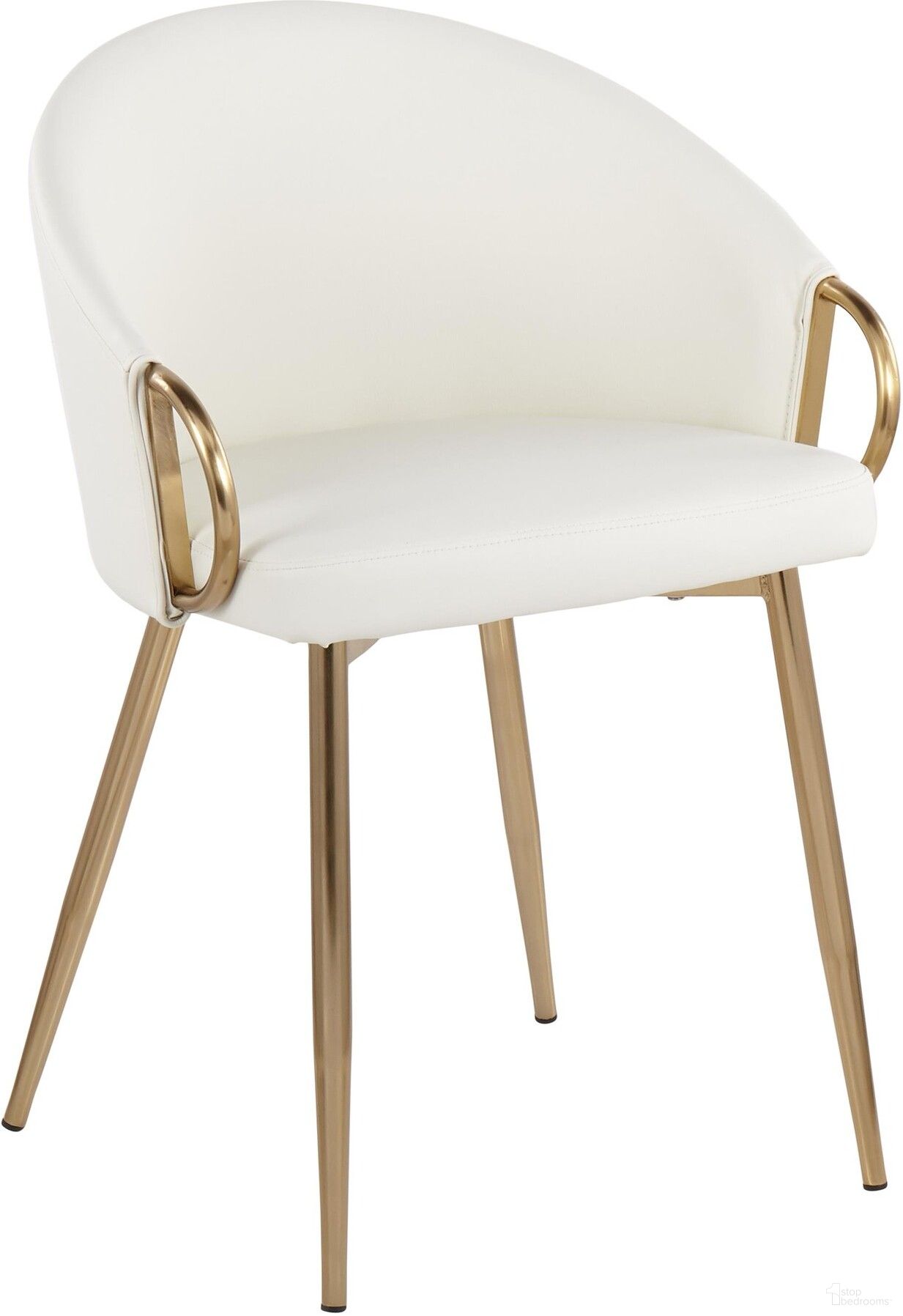 The appearance of Claire Contemporary/Glam Chair In Gold Metal And White Faux Leather designed by Lumisource in the modern / contemporary interior design. This white piece of furniture  was selected by 1StopBedrooms from Claire Collection to add a touch of cosiness and style into your home. Sku: CH-CLAIRE AUW. Material: Faux Leather. Chair Type: Arm Chair.