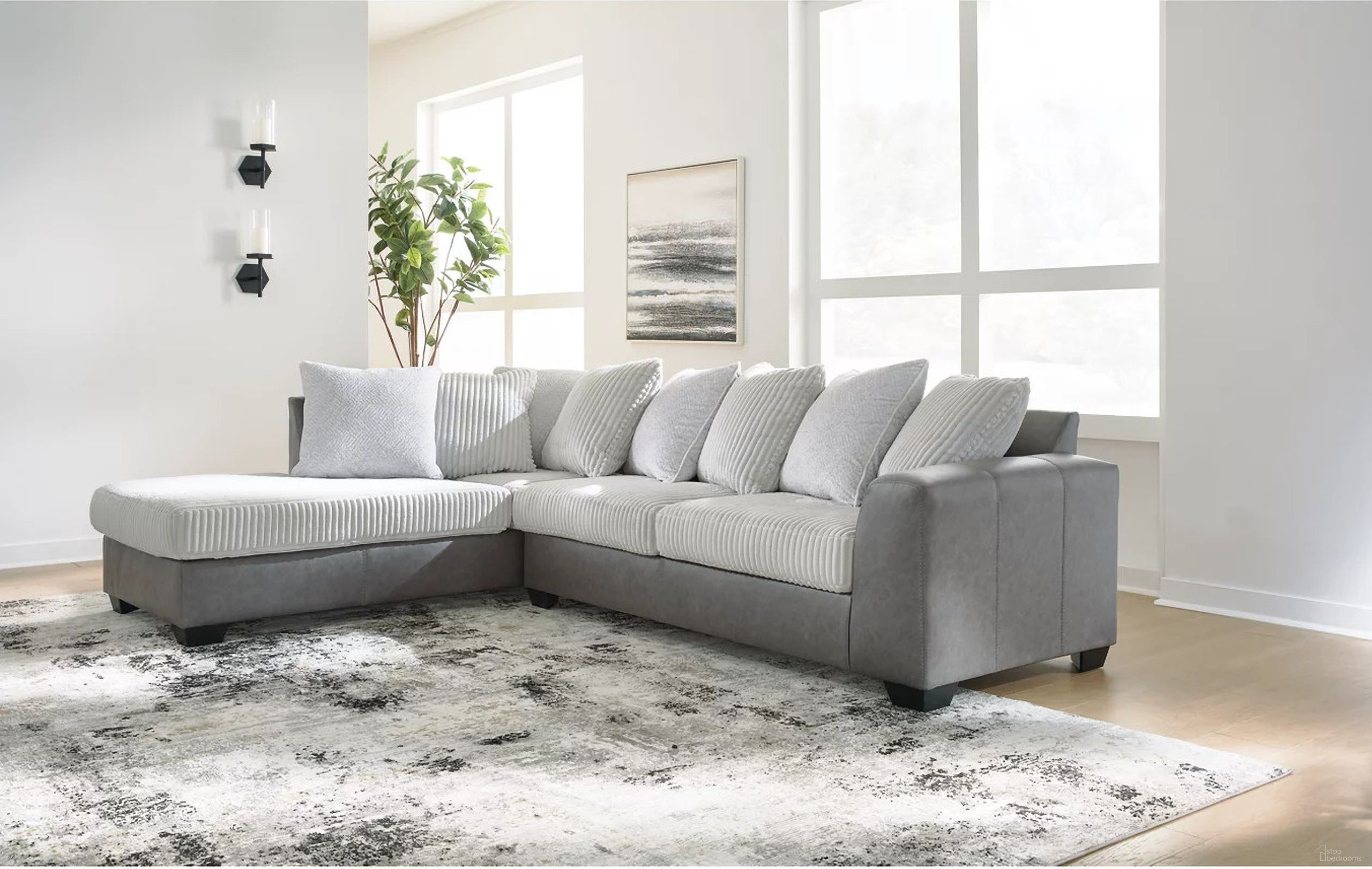 The appearance of Clairette Court 2-Piece Sectional With LAF Chaise In Alloy designed by Signature Design by Ashley in the modern / contemporary interior design. This alloy piece of furniture  was selected by 1StopBedrooms from Clairette Court Collection to add a touch of cosiness and style into your home. Sku: 3150316;3150367. Material: Leather.