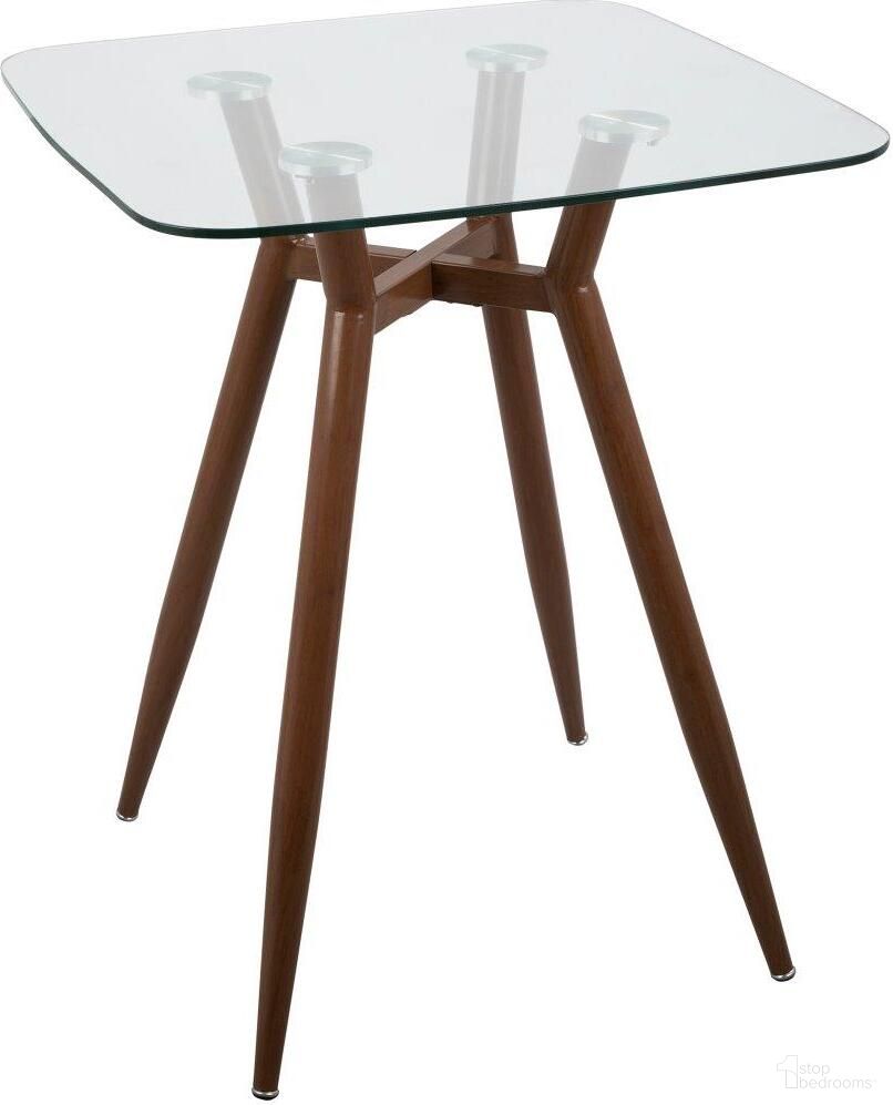 Clara Mid-Century Modern Square Counter Table With Walnut Metal Legs And Clear Glass Top