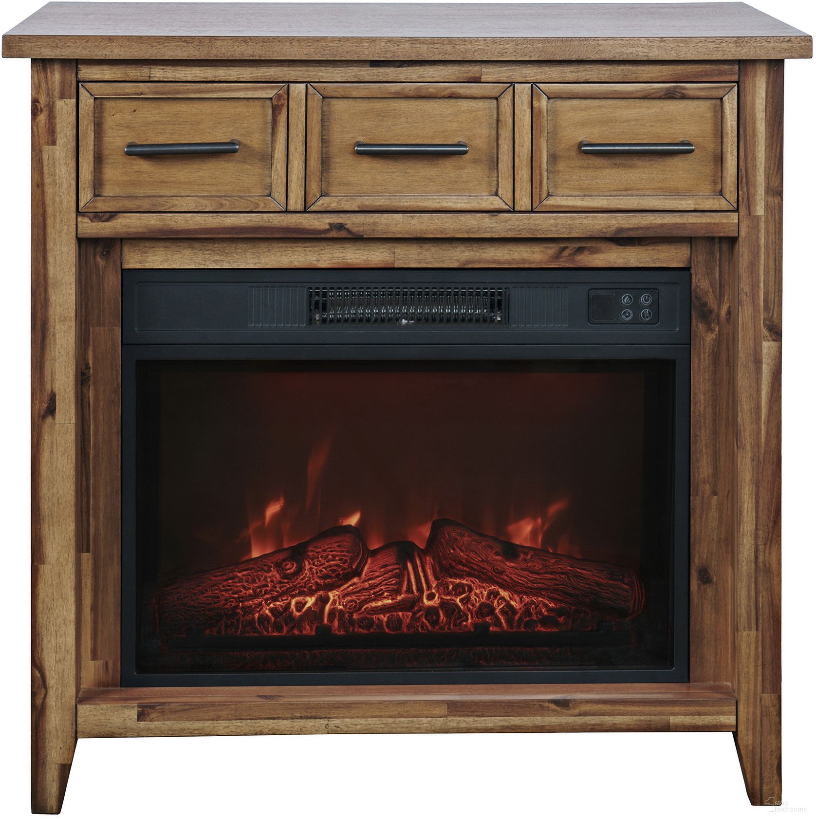 The appearance of Claremont 32 Inch Electric Fireplace Wire Brushed Console TV Stand In Wire Brush Brown designed by Jofran in the transitional interior design. This brown piece of furniture  was selected by 1StopBedrooms from Claremont Collection to add a touch of cosiness and style into your home. Sku: 2400-FP32. Material: Acacia.