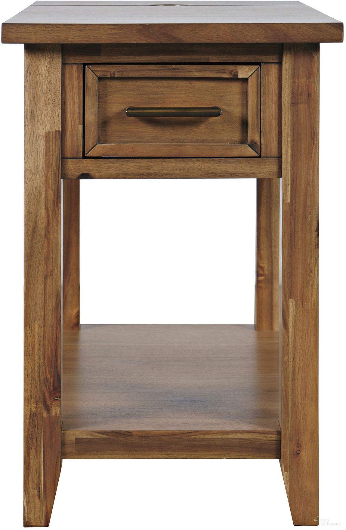 The appearance of Claremont USB Charging End Table with Storage In Brown designed by Jofran in the transitional interior design. This brown piece of furniture  was selected by 1StopBedrooms from Claremont Collection to add a touch of cosiness and style into your home. Sku: 2400-7. Material: Acacia.
