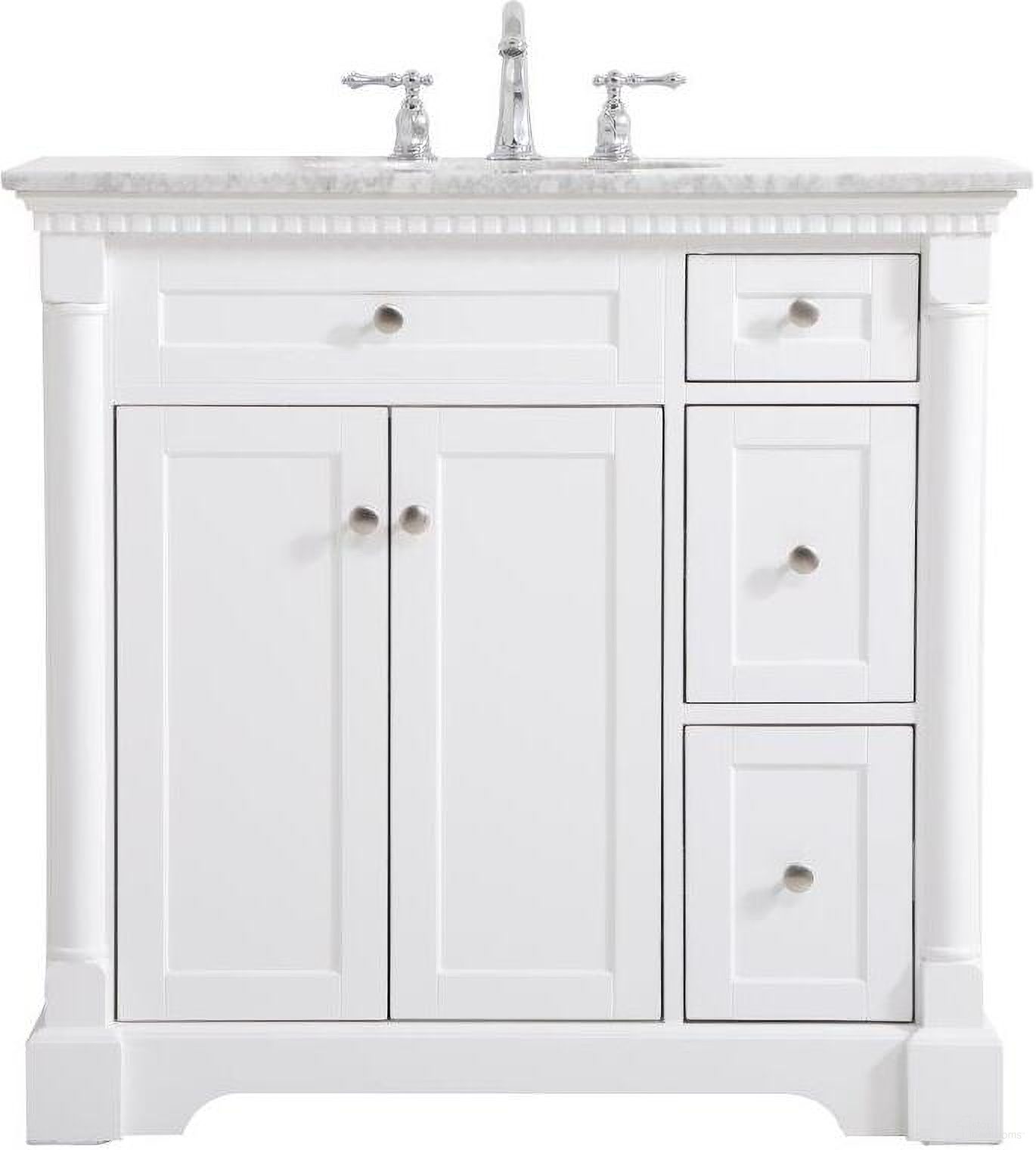 The appearance of Clarence 36 Inch Single Bathroom Vanity In White designed by Elegant Lighting in the traditional interior design. This white piece of furniture was selected by 1StopBedrooms from Clarence Collection to add a touch of cosiness and style into your home. Sku: VF53036WH. Material: Wood.