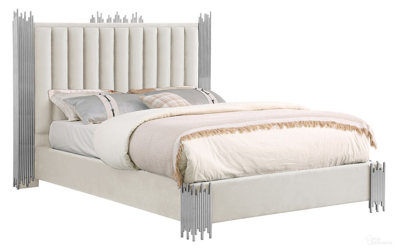 Clarisse Queen Platform Bed In Cream Velvet and Stainless Steel