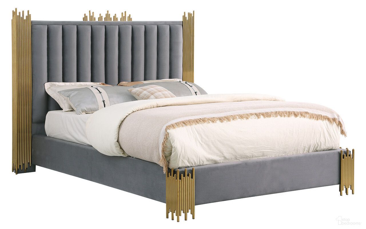 The appearance of Clarisse Queen Platform Bed In Dark Gray Velvet and Gold Stainless Steel designed by Best Quality Furniture in the modern / contemporary interior design. This dark gray/gold piece of furniture  was selected by 1StopBedrooms from Clarisse Collection to add a touch of cosiness and style into your home. Sku: B04-Q-HB;B04-Q-FBSR. Bed Type: Platform Bed. Bed Size: Queen. Material: Velvet.