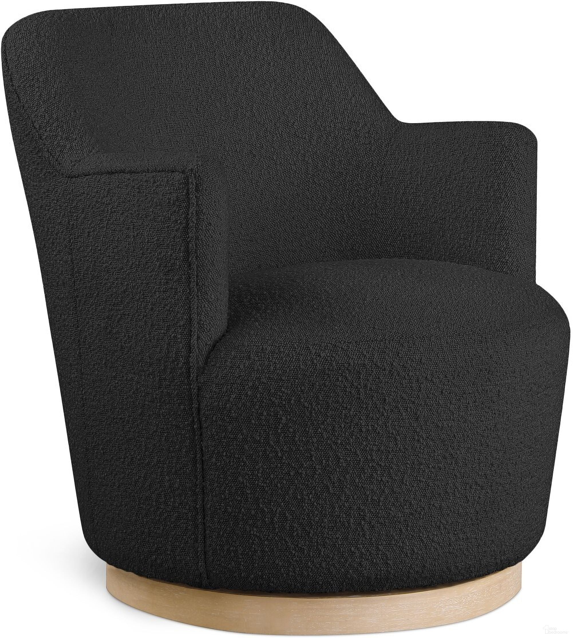 The appearance of Clarita Boucle Fabric Swivel Accent Chair In Black designed by Meridian in the modern / contemporary interior design. This black piece of furniture was selected by 1StopBedrooms from Clarita Collection to add a touch of cosiness and style into your home. Sku: 450Black. Material: Wood.