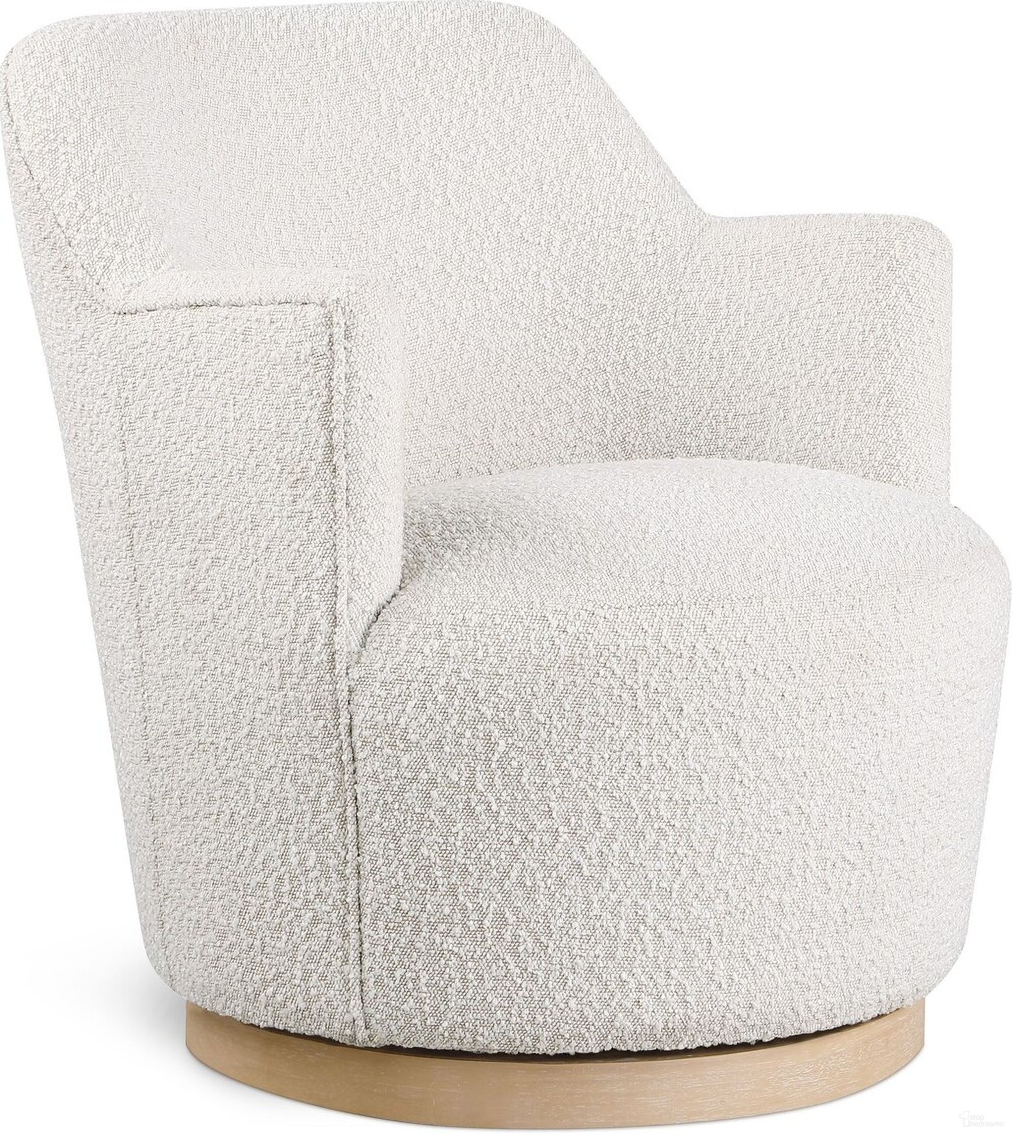 The appearance of Clarita Boucle Fabric Swivel Accent Chair In Cream designed by Meridian in the modern / contemporary interior design. This cream piece of furniture was selected by 1StopBedrooms from Clarita Collection to add a touch of cosiness and style into your home. Sku: 450Cream. Material: Wood.