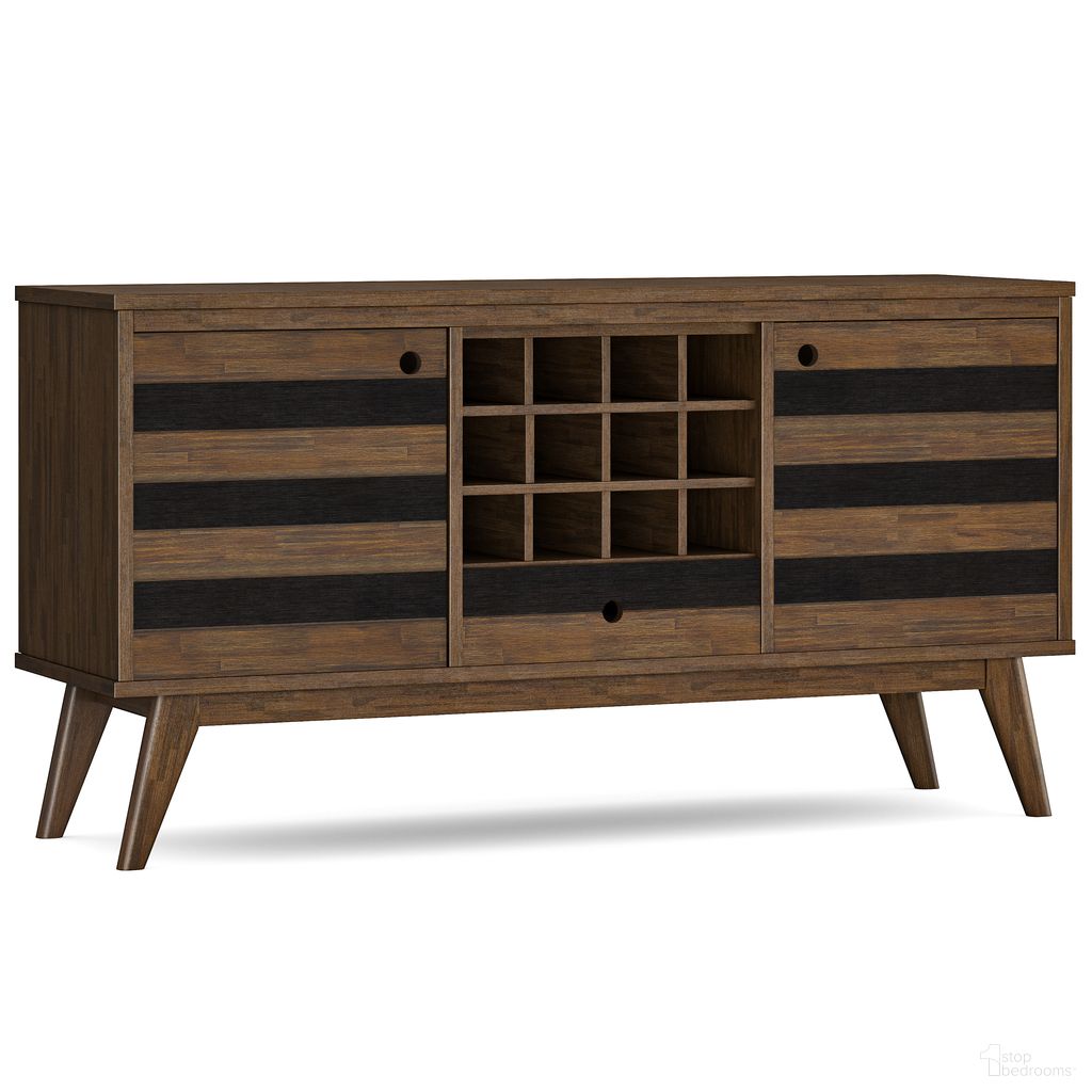 The appearance of Clarkson Solid Acacia Wood Sideboard with Wine Storage In Rustic Natural Aged Brown designed by Simpli Home in the transitional interior design. This rustic natural aged brown piece of furniture  was selected by 1StopBedrooms from Clarkson Collection to add a touch of cosiness and style into your home. Sku: AXCLAR-71-RNAB. Material: Acacia.