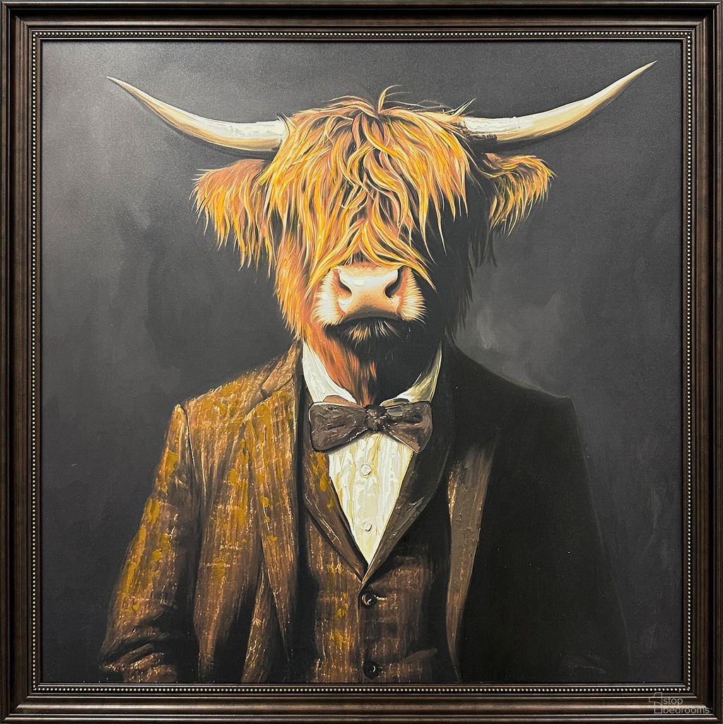 Classic Dapper Highland - 39" x 39" - Hand-Embellished Canvas In Black/Brown/Gold