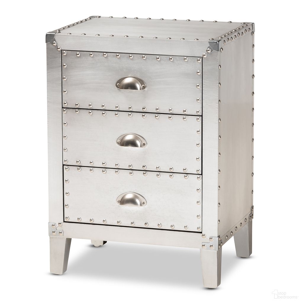 The appearance of Claude Metal 3 Drawer End Table In Silver designed by Baxton Studio in the transitional interior design. This silver piece of furniture  was selected by 1StopBedrooms from Claude Collection to add a touch of cosiness and style into your home. Sku: LD18B056-Silver-ET. Material: Aluminum.