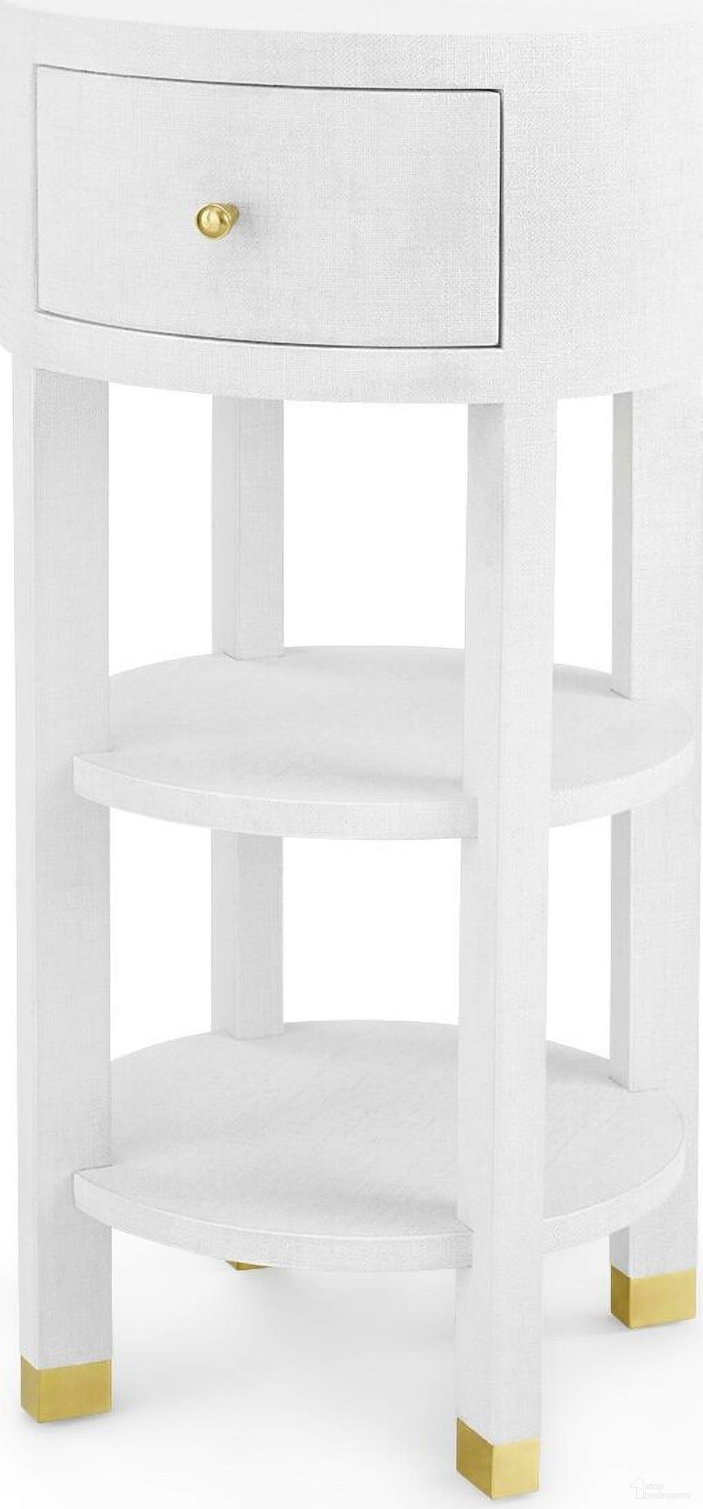 The appearance of Claudette 1-Drawer Round Side Table with Brass Legs In Cream designed by Villa & House in the transitional interior design. This cream piece of furniture  was selected by 1StopBedrooms from Claudette Collection to add a touch of cosiness and style into your home. Sku: CLU-115-5129-803. Material: Linen.