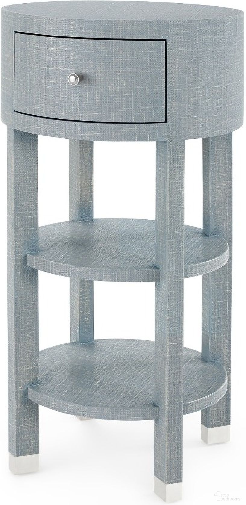The appearance of Claudette 1-Drawer Round Side Table with Nickel Legs In Washed Winter Gray designed by Villa & House in the transitional interior design. This washed grey piece of furniture  was selected by 1StopBedrooms from Claudette Collection to add a touch of cosiness and style into your home. Sku: CLU-115-5126-807. Material: Linen.