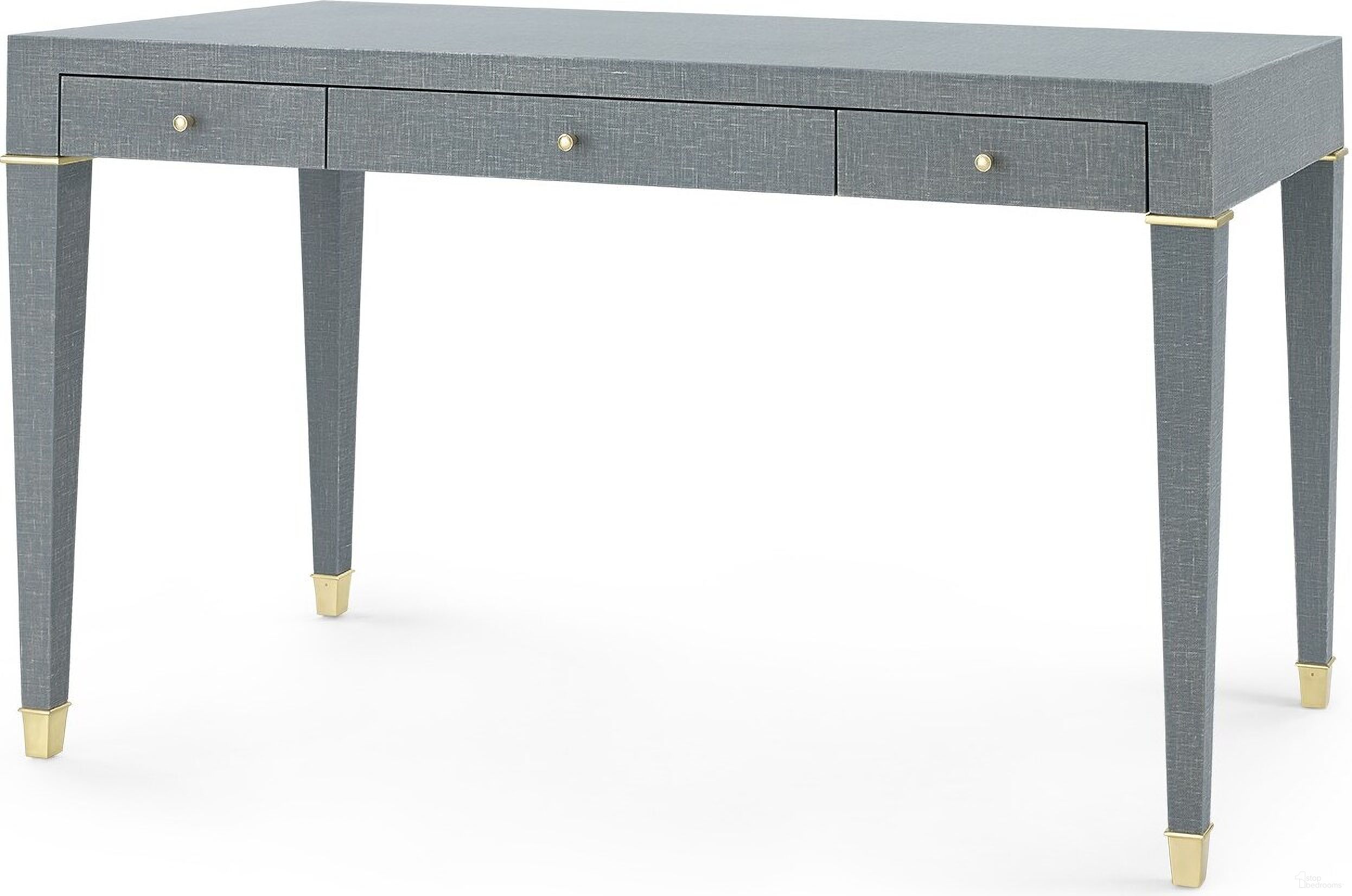 The appearance of Claudette Desk with Brass Sabots on Legs In Washed Winter Gray designed by Villa & House in the transitional interior design. This washed grey piece of furniture was selected by 1StopBedrooms from Claudette Collection to add a touch of cosiness and style into your home. Sku: CLU-350-5126-803. Material: Linen.