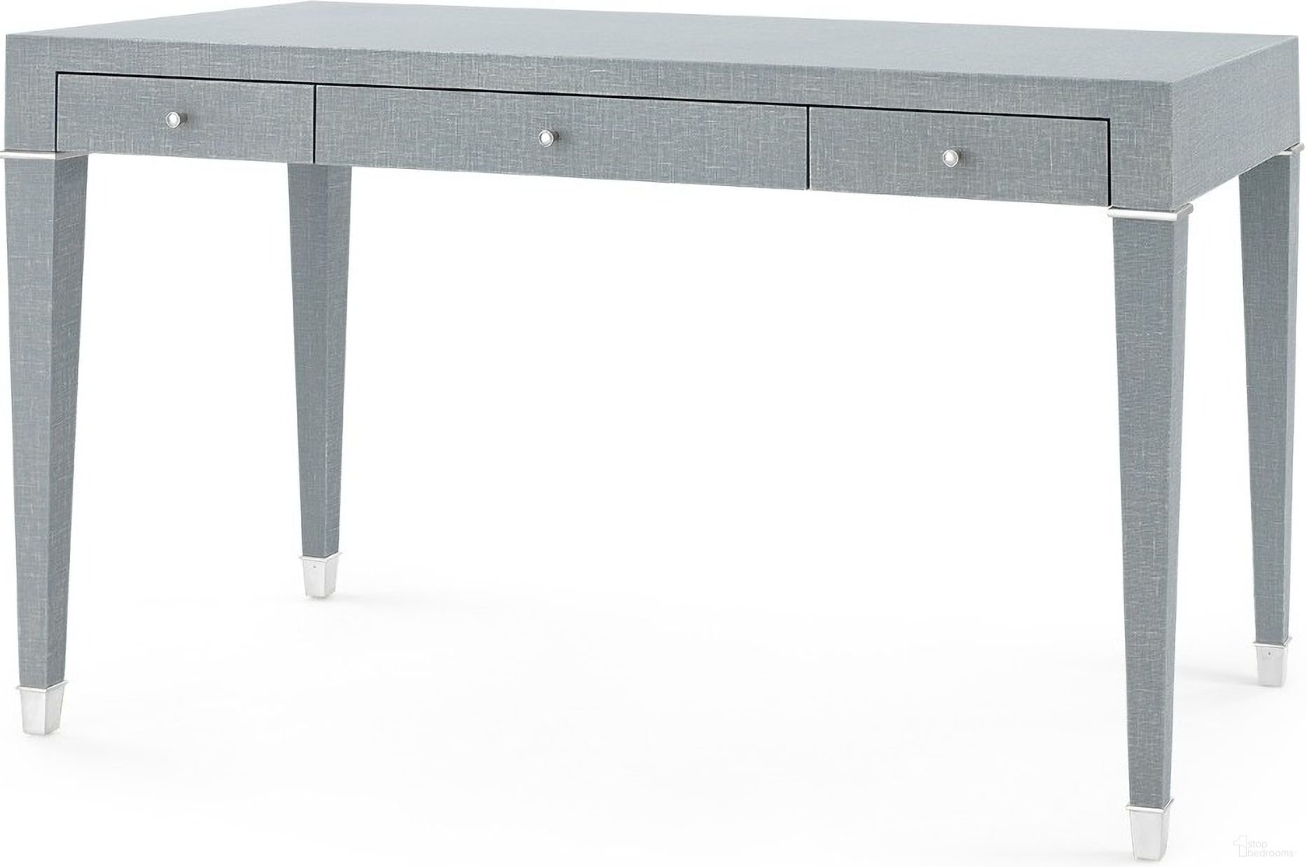 The appearance of Claudette Desk with Nickel Sabots on Legs In Washed Winter Gray designed by Villa & House in the transitional interior design. This washed grey piece of furniture was selected by 1StopBedrooms from Claudette Collection to add a touch of cosiness and style into your home. Sku: CLU-350-5126-807. Material: Linen.
