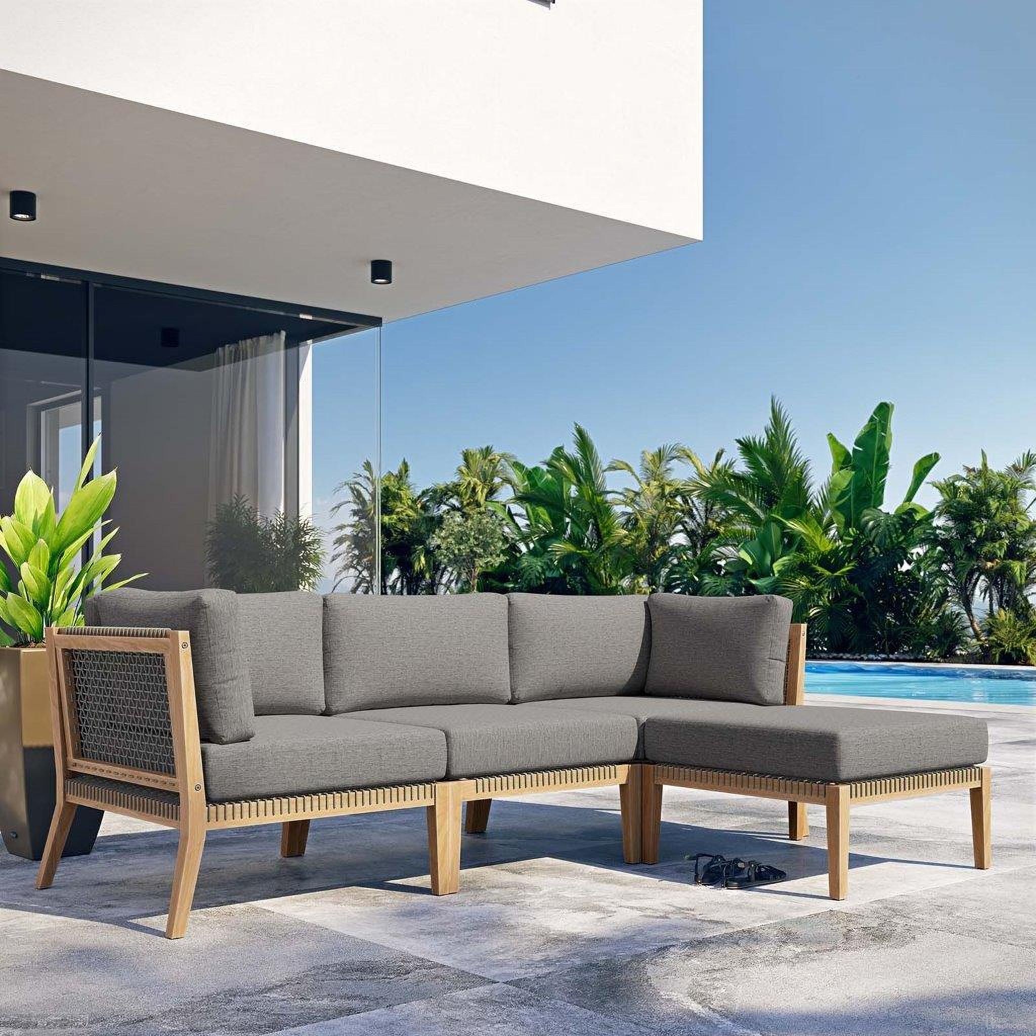 Clearwater Outdoor Patio Teak Wood 4 Piece Sectional Sofa In Gray Graphite