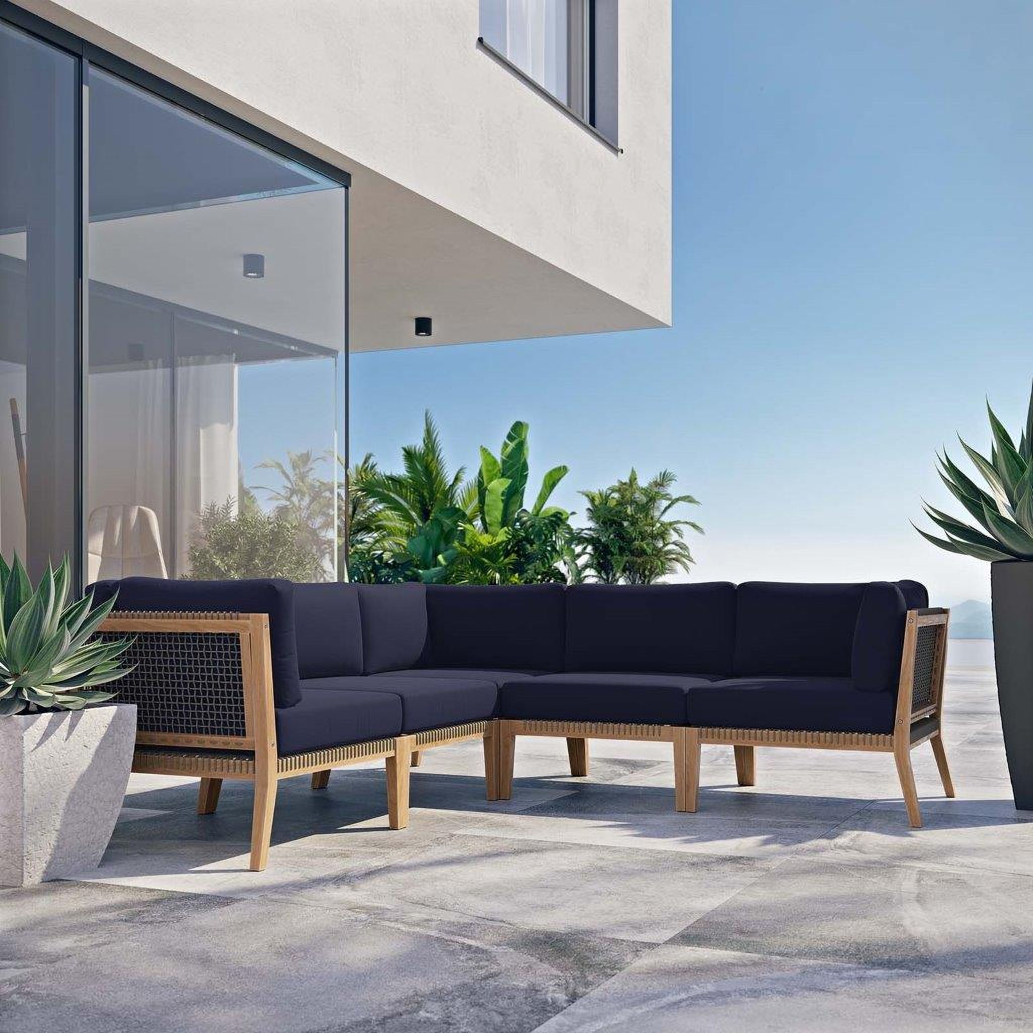 The appearance of Clearwater Outdoor Patio Teak Wood 5 Piece Sectional Sofa In Gray Navy designed by Modway in the transitional interior design. This gray navy piece of furniture was selected by 1StopBedrooms from Clearwater Collection to add a touch of cosiness and style into your home. Sku: EEI-5855-GRY-NAV;EEI-5855-GRY-NAV;EEI-5855-GRY-NAV;EEI-5856-GRY-NAV;EEI-5856-GRY-NAV. Material: Wood.