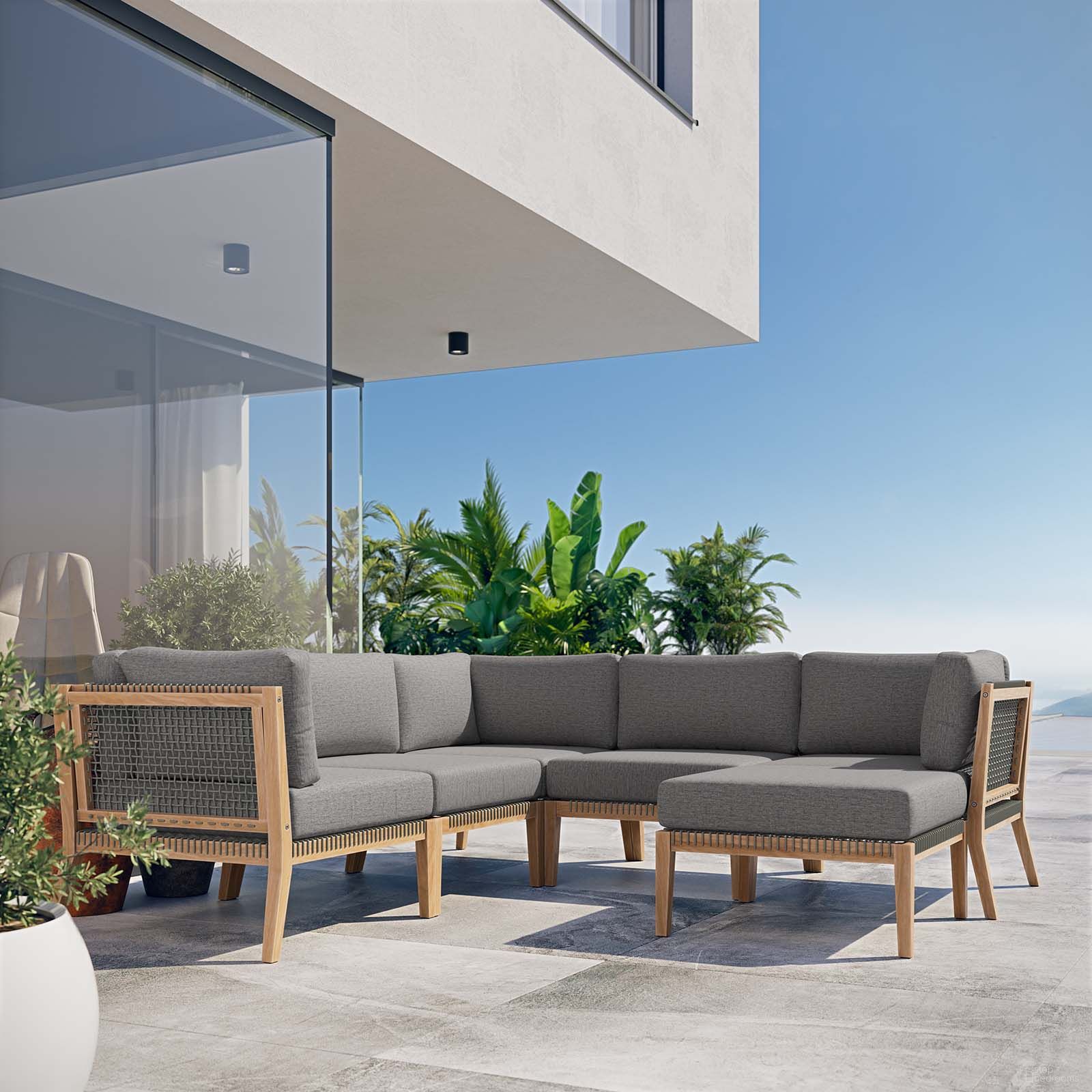The appearance of Clearwater Outdoor Patio Teak Wood 6 Piece Sectional Sofa In Gray Graphite EEI-6124-GRY-GPH designed by Modway in the transitional interior design. This grey and graphite piece of furniture  was selected by 1StopBedrooms from Clearwater Collection to add a touch of cosiness and style into your home. Sku: EEI-5854-GRY-GPH;EEI-5855-GRY-GPH;EEI-5855-GRY-GPH;EEI-5855-GRY-GPH;EEI-5856-GRY-GPH;EEI-5856-GRY-GPH. Material: Wood.