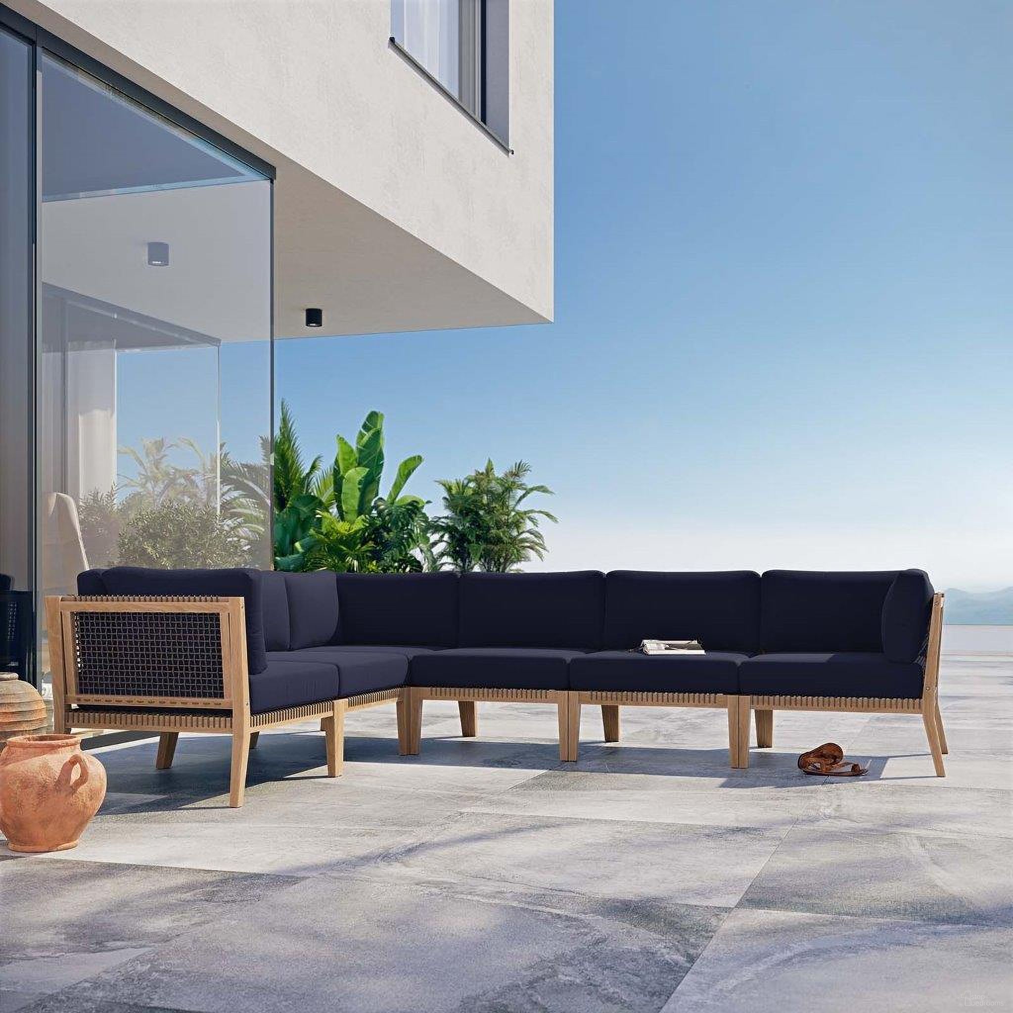 The appearance of Clearwater Outdoor Patio Teak Wood 6 Piece Sectional Sofa In Gray Navy EEI-6125-GRY-NAV designed by Modway in the transitional interior design. This gray navy piece of furniture was selected by 1StopBedrooms from Clearwater Collection to add a touch of cosiness and style into your home. Sku: EEI-5855-GRY-NAV;EEI-5855-GRY-NAV;EEI-5855-GRY-NAV;EEI-5856-GRY-NAV;EEI-5856-GRY-NAV;EEI-5856-GRY-NAV. Material: Wood.