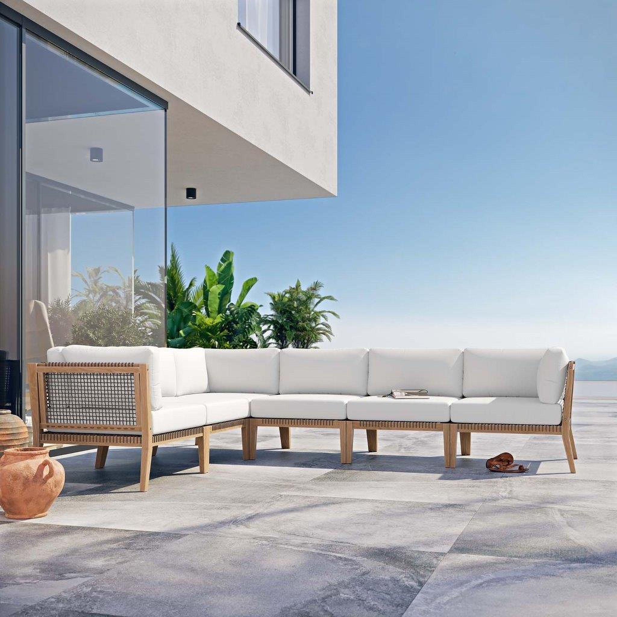 The appearance of Clearwater Outdoor Patio Teak Wood 6 Piece Sectional Sofa In Gray White EEI-6125-GRY-WHI designed by Modway in the transitional interior design. This white and grey piece of furniture was selected by 1StopBedrooms from Clearwater Collection to add a touch of cosiness and style into your home. Sku: EEI-5855-GRY-WHI;EEI-5855-GRY-WHI;EEI-5855-GRY-WHI;EEI-5856-GRY-WHI;EEI-5856-GRY-WHI;EEI-5856-GRY-WHI. Material: Wood.