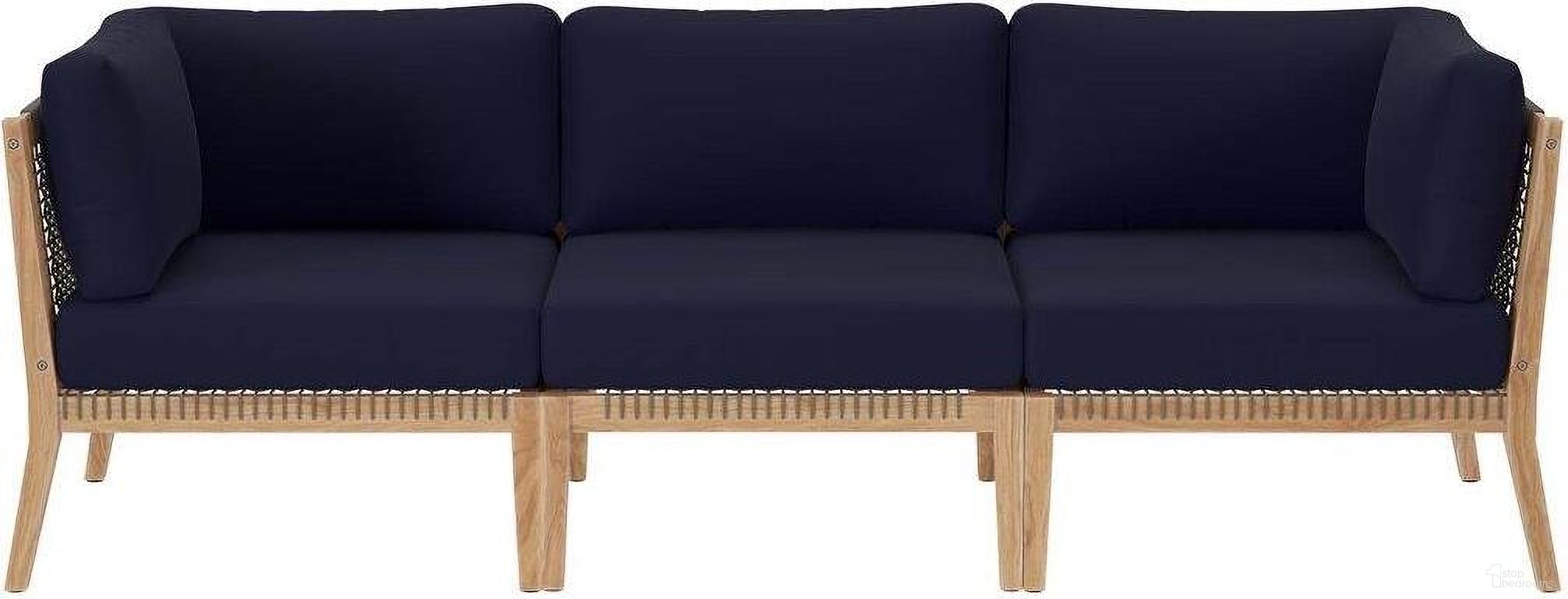 The appearance of Clearwater Outdoor Patio Teak Wood Sofa In Gray Navy designed by Modway in the transitional interior design. This gray navy piece of furniture was selected by 1StopBedrooms from Clearwater Collection to add a touch of cosiness and style into your home. Sku: EEI-5855-GRY-NAV;EEI-5855-GRY-NAV;EEI-5856-GRY-NAV. Material: Wood.