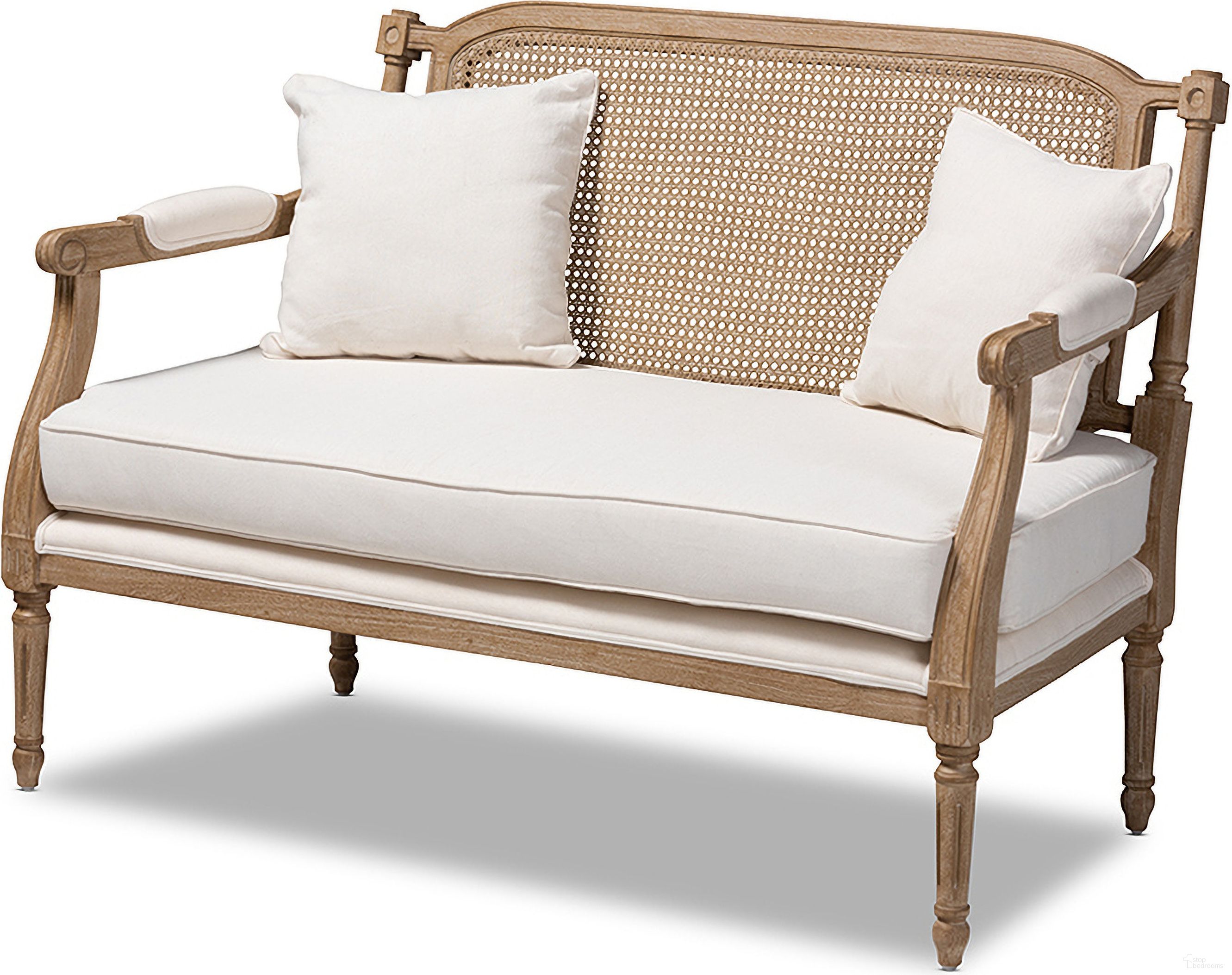 The appearance of Clemence French Provincial Ivory Fabric Upholstered Whitewashed Wood Loveseat designed by Baxton Studio in the transitional interior design. This ivory piece of furniture was selected by 1StopBedrooms from Clemence Collection to add a touch of cosiness and style into your home. Sku: ASS1038-LS. Material: Wood.