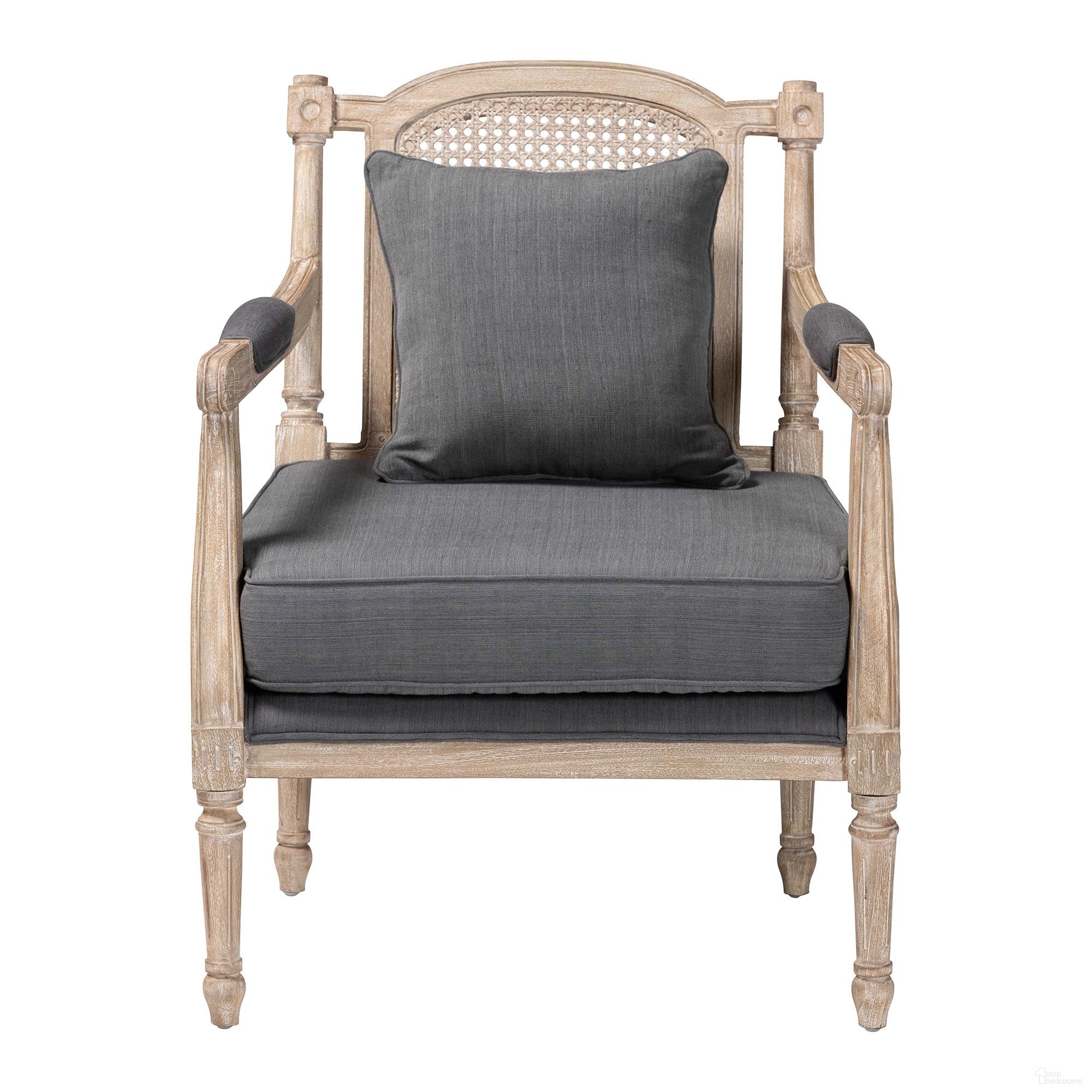 The appearance of Clemence Provincial Fabric Mahogany Wood Armchair In Grey and Whitewashed Brown designed by Baxton Studio in the transitional interior design. This grey/whitewashed brown piece of furniture was selected by 1StopBedrooms from Clemence Collection to add a touch of cosiness and style into your home. Sku: SEA63-Grey Chair. Material: Mahogany.