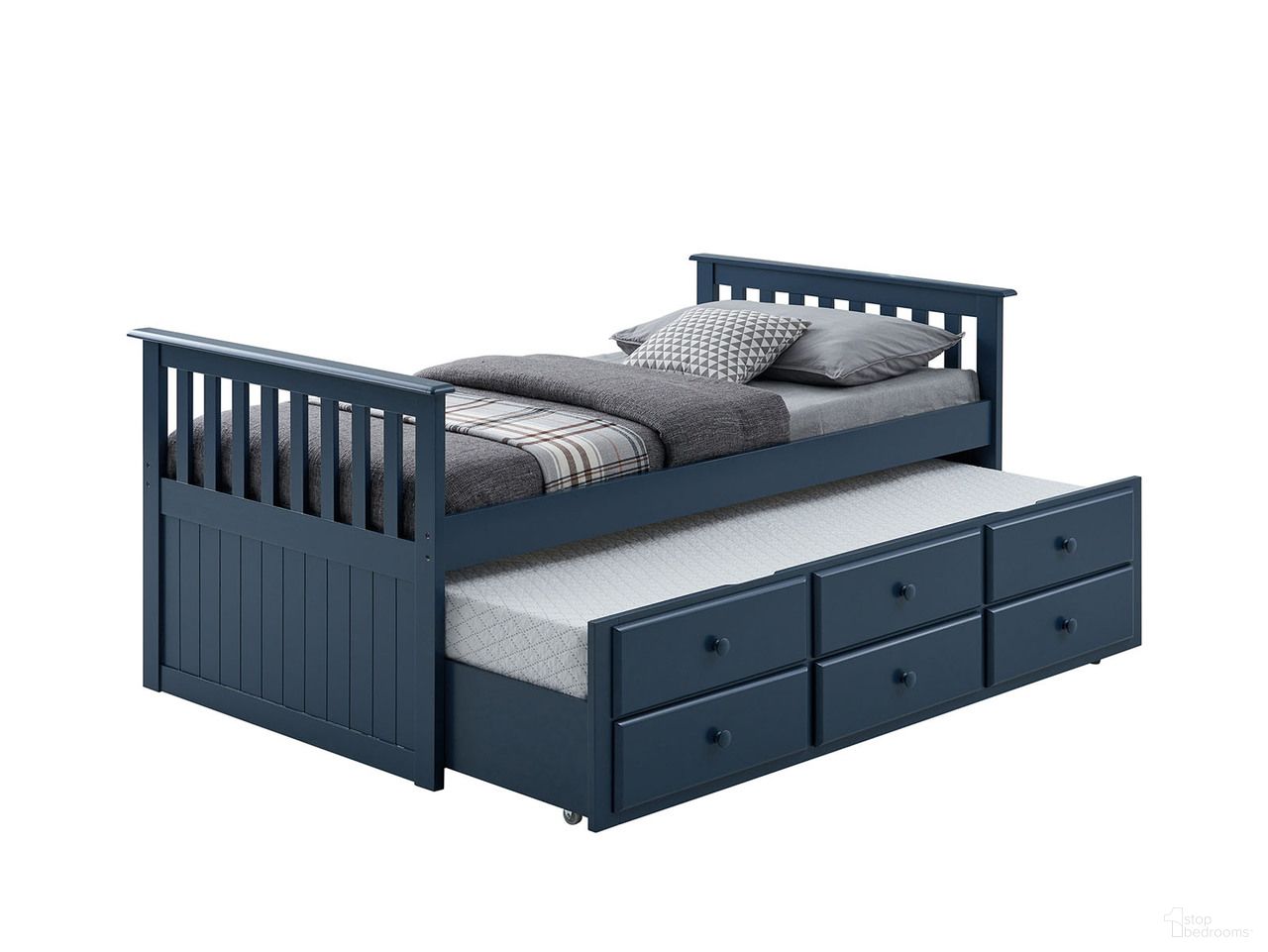 The appearance of Clemens Twin Captain Bed with Trundle In Midnight Blue designed by Furniture of America in the transitional interior design. This midnight blue piece of furniture was selected by 1StopBedrooms from Clemens Collection to add a touch of cosiness and style into your home. Sku: FM-BK101BL-1;FM-BK101BL-2;FM-BK101BL-3;FM-BK101BL-4. Bed Size: Twin. Material: Solid Rubberwood.