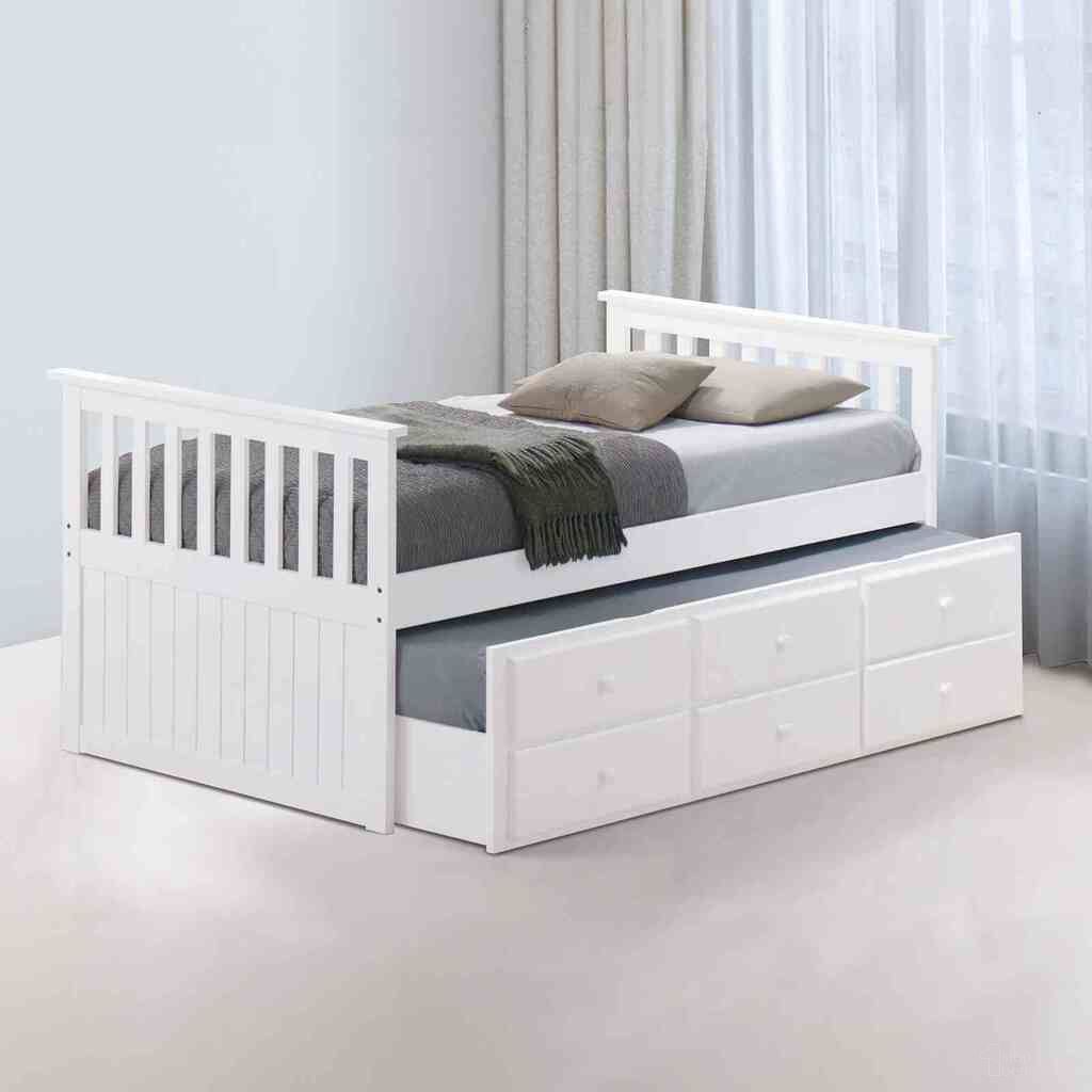 The appearance of Clemens Twin Captain Bed with Trundle In White designed by Furniture of America in the transitional interior design. This white piece of furniture was selected by 1StopBedrooms from Clemens Collection to add a touch of cosiness and style into your home. Sku: FM-BK101WH-1;FM-BK101WH-2;FM-BK101WH-3;FM-BK101WH-4. Bed Size: Twin. Material: Solid Hardwood.
