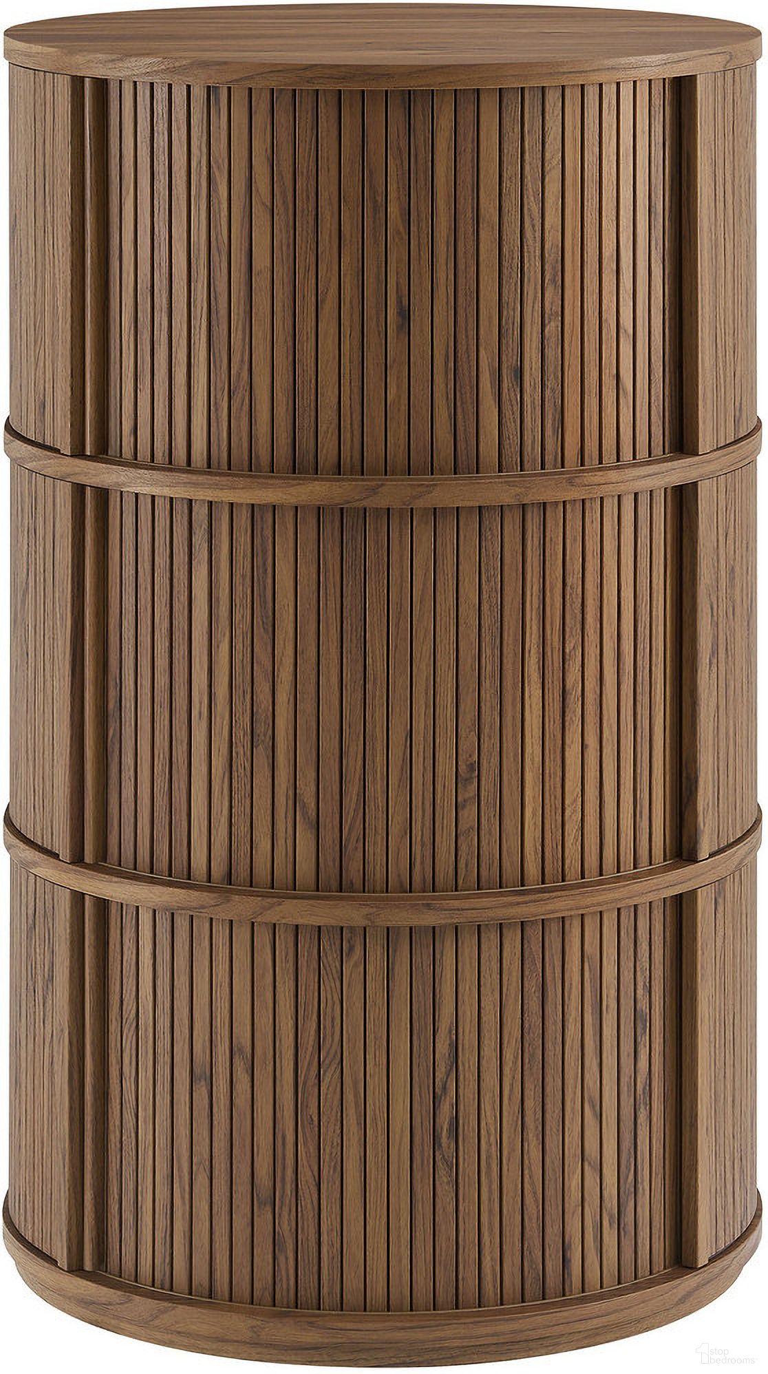 The appearance of Clement Round Pedestal Stand Storage Table With Sliding Tambour Doors In Walnut designed by Modway in the modern / contemporary interior design. This walnut piece of furniture  was selected by 1StopBedrooms from Clement Collection to add a touch of cosiness and style into your home. Sku: EEI-7344-WAL. Material: Laminate.