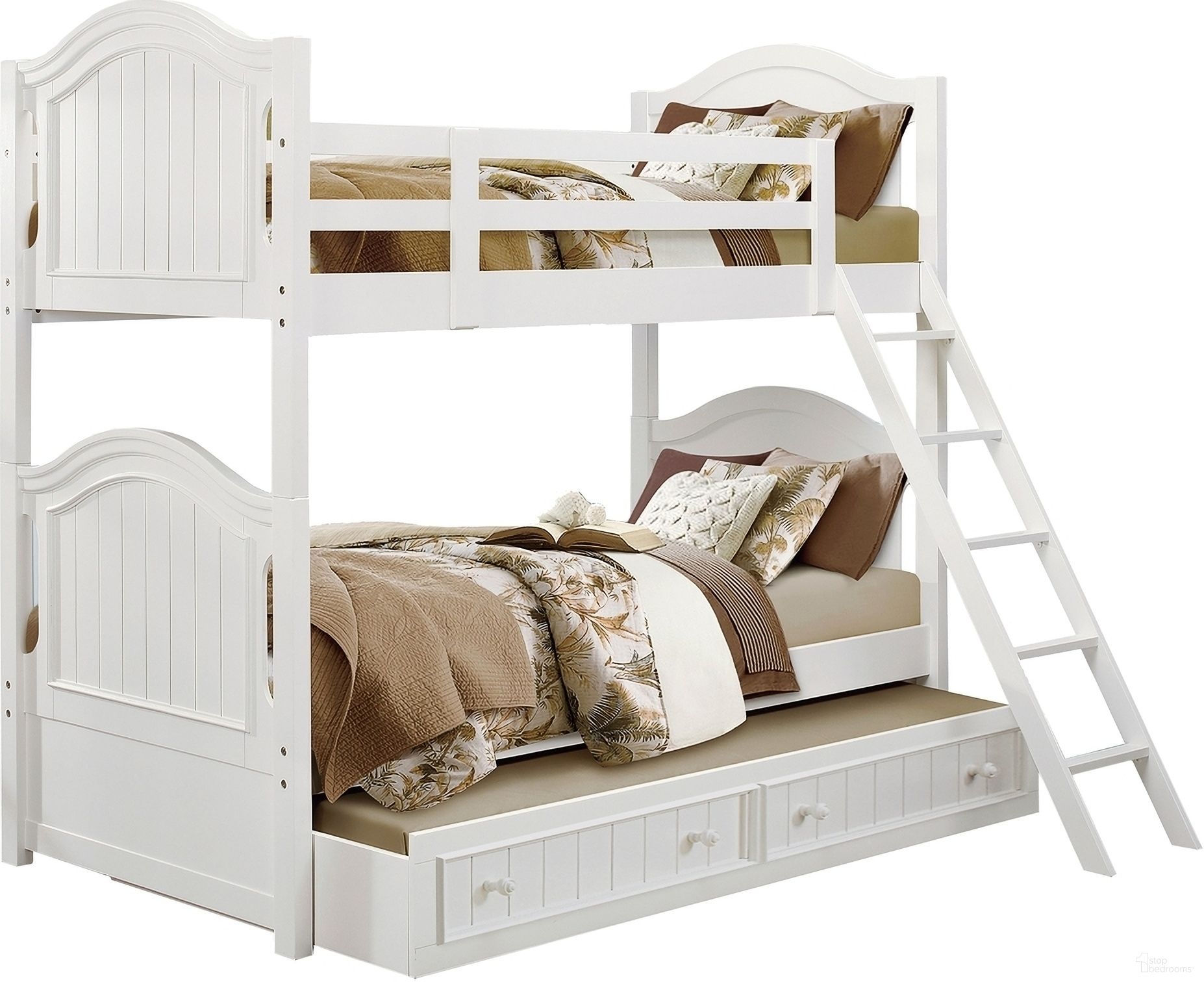 The appearance of Clementine Twin/Twin Bunk Bed with Twin Trundle In White designed by Homelegance in the transitional interior design. This white piece of furniture  was selected by 1StopBedrooms from Clementine Collection to add a touch of cosiness and style into your home. Sku: B1799-HF;B1799-RL;B1799-SL;B1799-R. Bed Type: Bunk Bed. Material: Wood. Bed Size: Twin Over Twin.