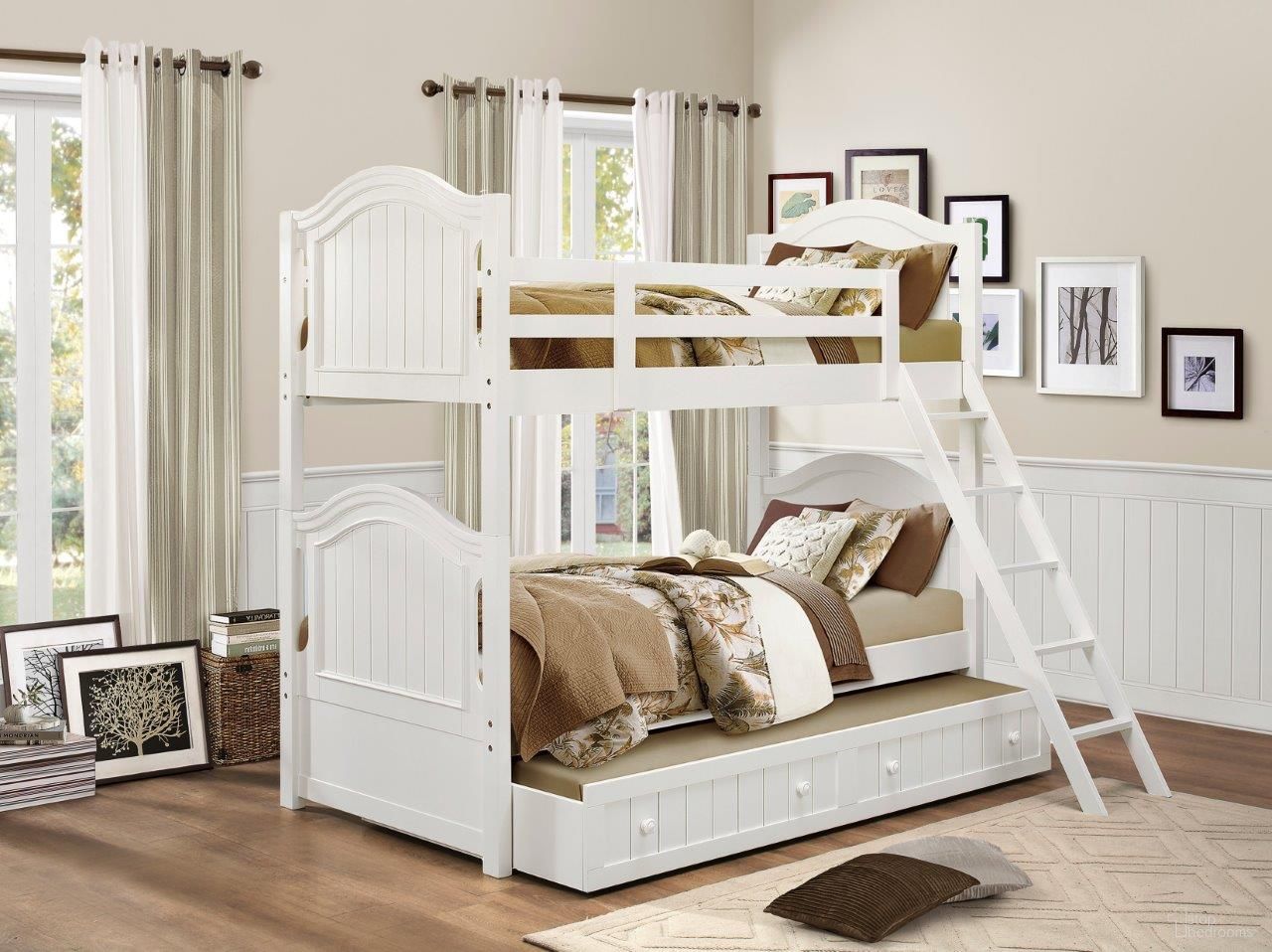 The appearance of Clementine White Youth Bunk Bedroom Set designed by Homelegance in the country / farmhouse interior design. This white piece of furniture was selected by 1StopBedrooms from Clementine Collection to add a touch of cosiness and style into your home. Sku: B1799-1;B1799-4. Bed Type: Bunk Bed. Material: Wood. Bed Size: Twin Over Twin.