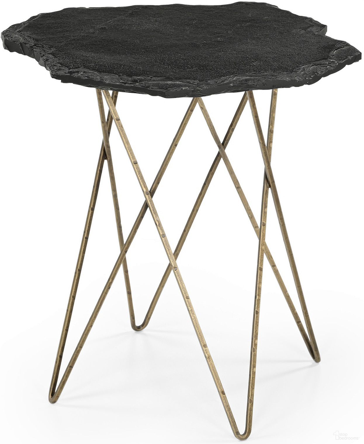 The appearance of Cleo Round Accent Table In Antique Brass and Black Slate designed by Bassett Mirror Company in the modern / contemporary interior design. This antique brass/black piece of furniture  was selected by 1StopBedrooms from Cleo Collection to add a touch of cosiness and style into your home. Sku: 5597-LR-223. Material: Stone.