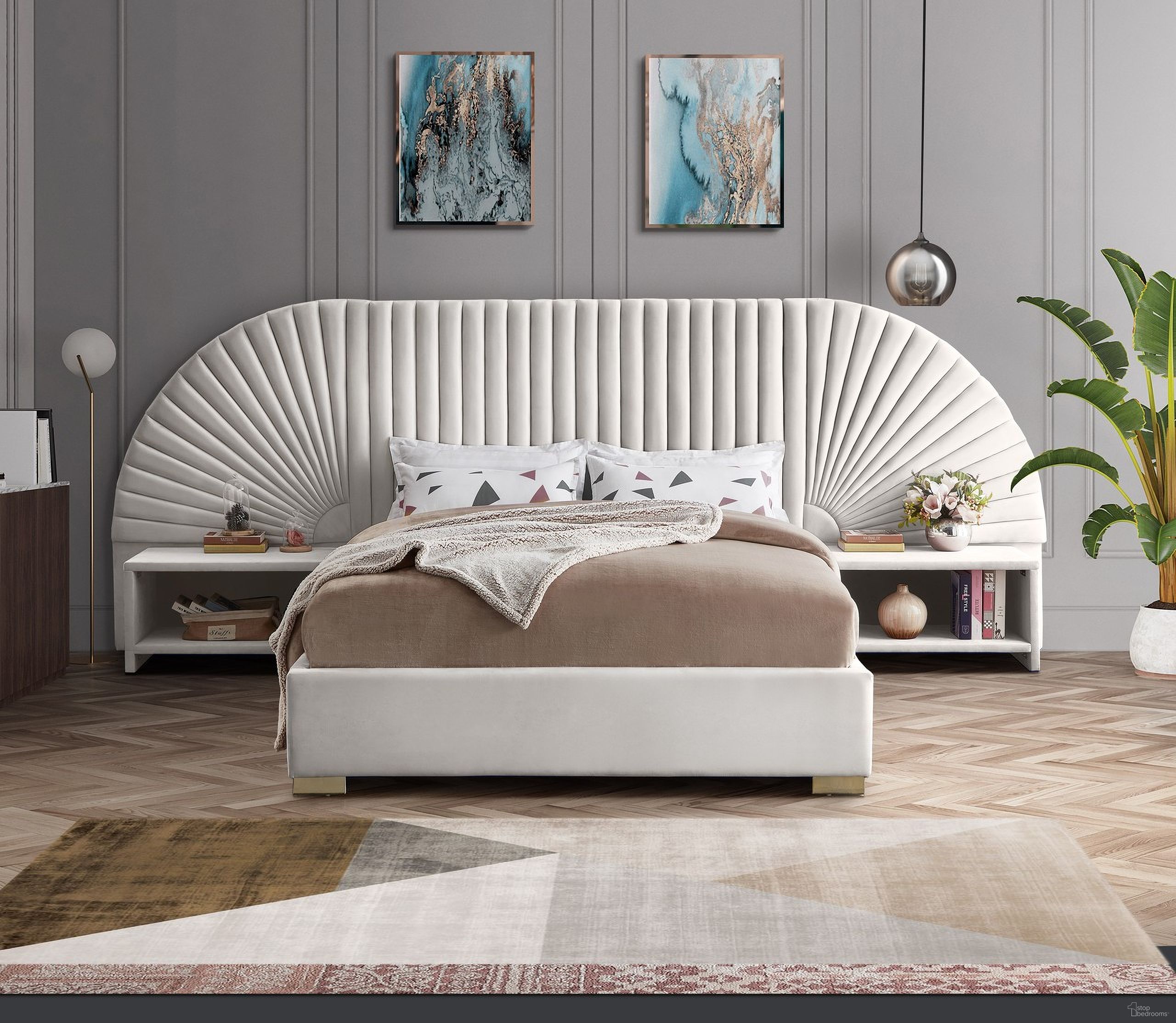 The appearance of Cleo Velvet Bedroom Set In Cream designed by Meridian in the modern / contemporary interior design. This cream velvet piece of furniture was selected by 1StopBedrooms from Cleo Collection to add a touch of cosiness and style into your home. Sku: CleoCream-Q Box 1/3 (Headboard/Slats);CleoCream-Q Box 2/3 (2 Headboard Panels);CleoCream-Q Box 3/3 (Rails/Footboard/Center Support/Hardware);CleoCream-NS. Bed Size: Queen. Material: Velvet.