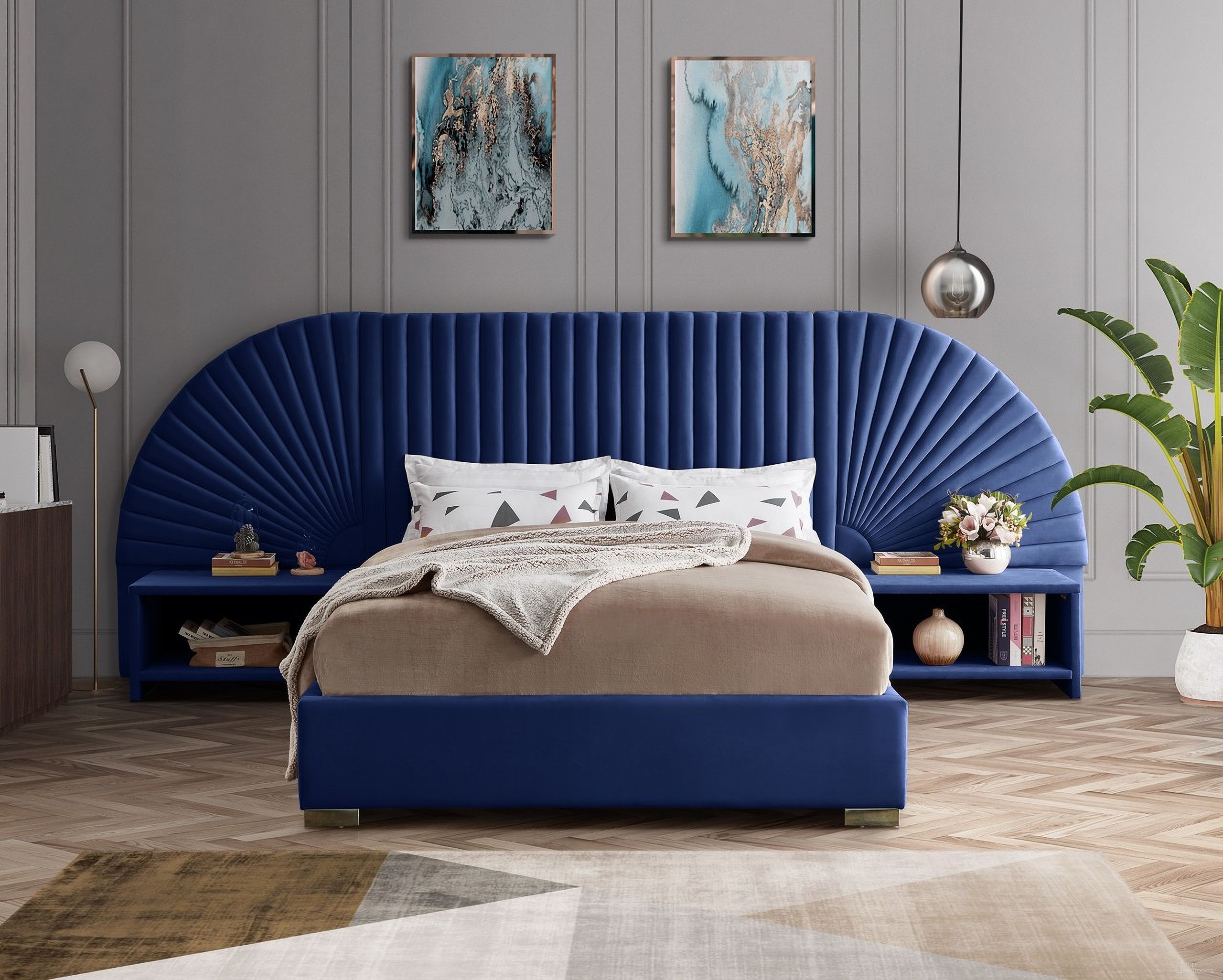 The appearance of Cleo Velvet Bedroom Set In Navy designed by Meridian in the modern / contemporary interior design. This navy piece of furniture  was selected by 1StopBedrooms from Cleo Collection to add a touch of cosiness and style into your home. Sku: CleoNavy-Q Box 1/3 (Headboard/Slats);CleoNavy-Q Box 2/3 (2 Headboard Panels);CleoNavy-Q Box 3/3 (Rails/Footboard/Center Support/Hardware);CleoNavy-NS. Bed Size: Queen. Material: Velvet.