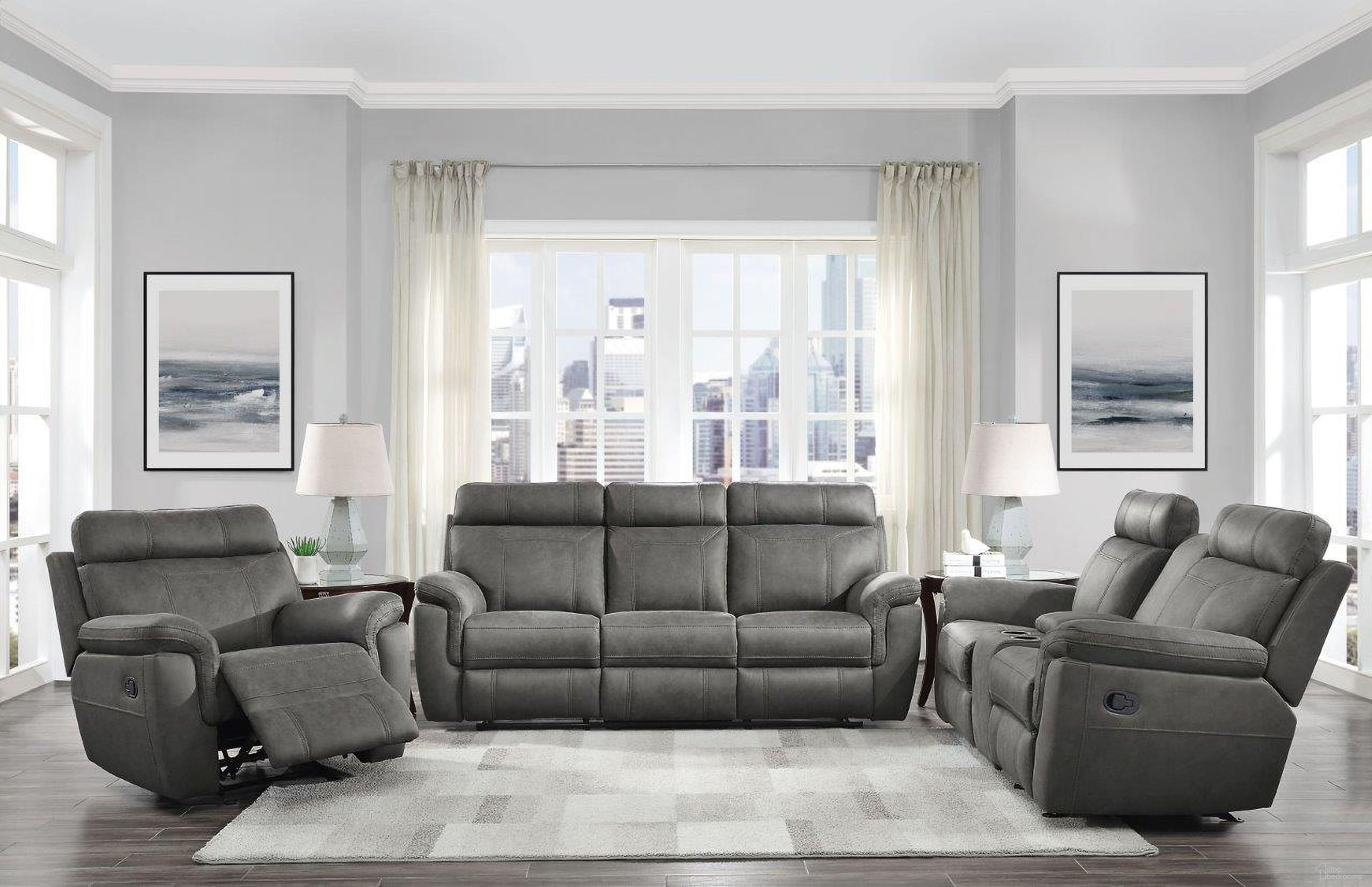 The appearance of Clifton Gray Double Reclining Living Room Set With Drop Down Cup Holders designed by Homelegance in the modern / contemporary interior design. This gray piece of furniture  was selected by 1StopBedrooms from Clifton Collection to add a touch of cosiness and style into your home. Sku: 9301GRY-3;9301GRY-2. Material: Microfiber.