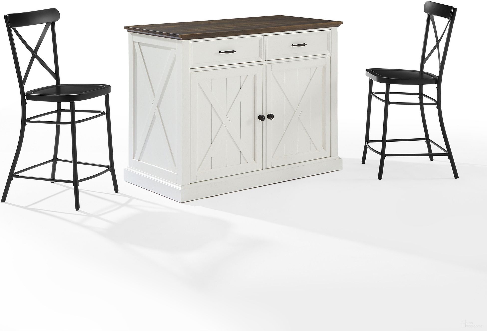 Clifton Kitchen Island W/Camille Stools In Distressed White and Black