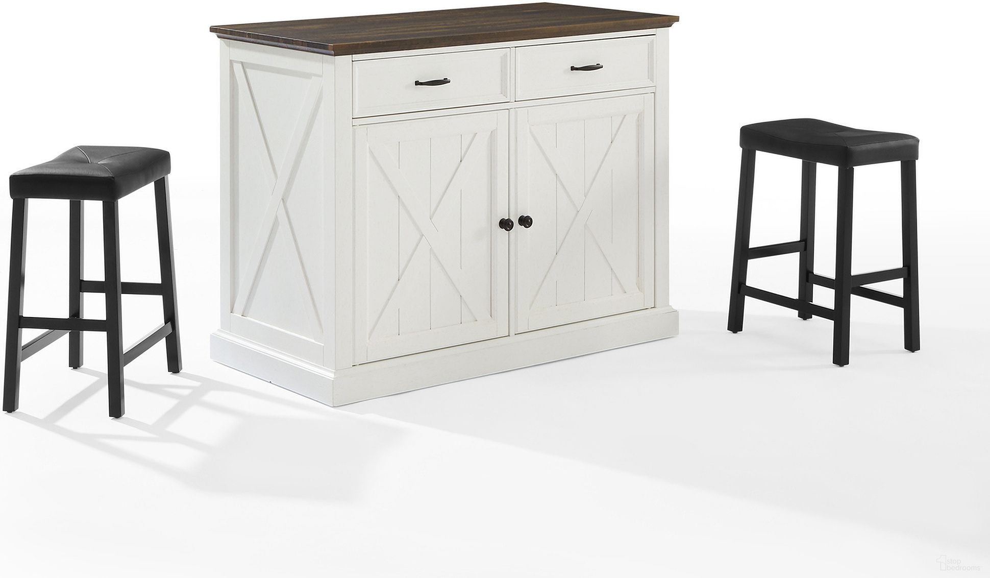 Clifton Kitchen Island W/Uph Saddle Stools In Distressed White and Black