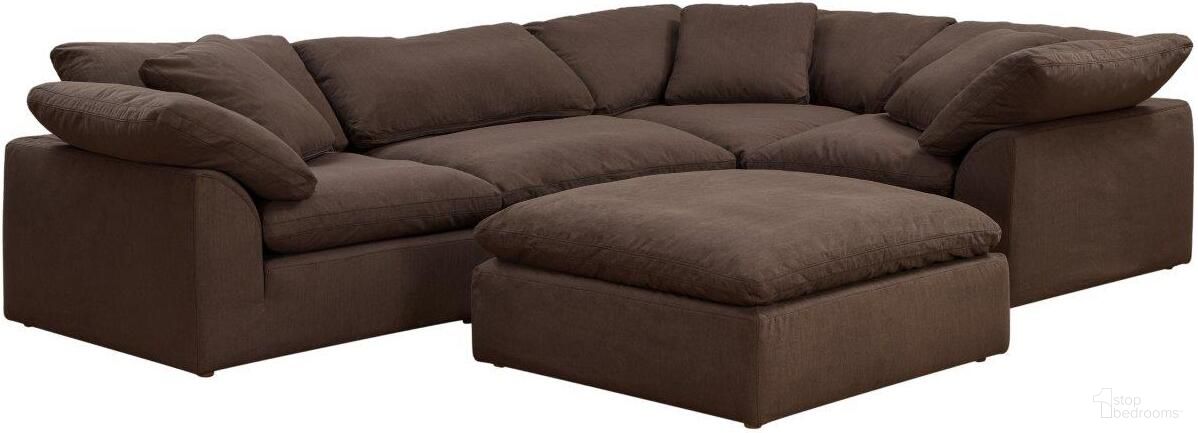 Cloud Puff Brown 5 Piece Slipcovered Modular L Shaped Sectional Sofa with Ottoman