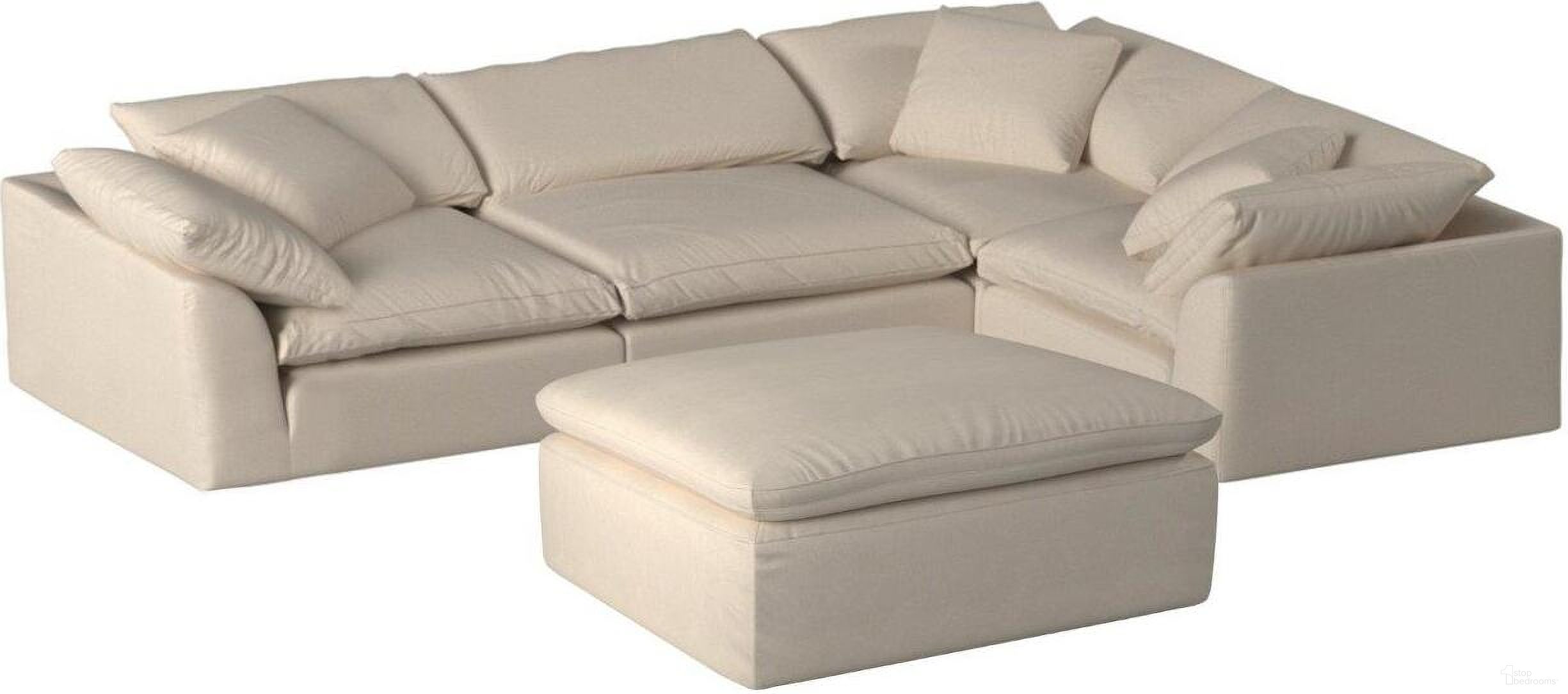 Cloud Puff Tan 5 Piece Slipcovered Modular L Shaped Sectional Sofa with Ottoman