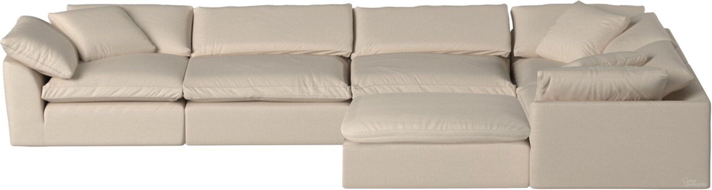 Cloud Puff Tan 6 Piece Slipcovered Modular L Shaped Sectional Sofa with Ottoman