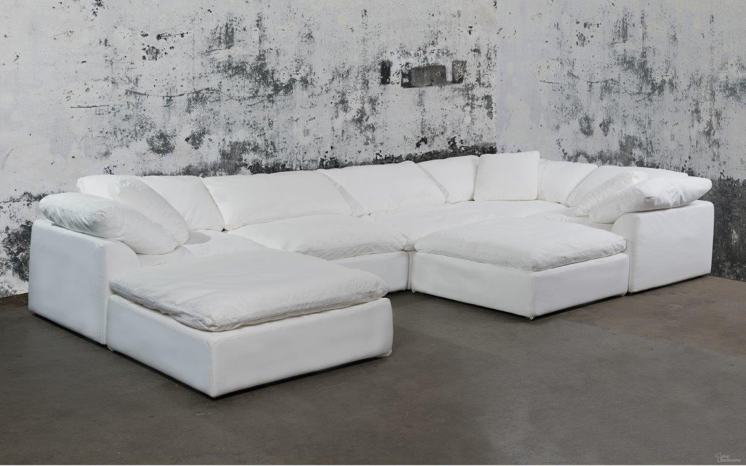 Cloud Puff White 7 Piece Slipcovered Modular Sectional Sofa with Ottomans