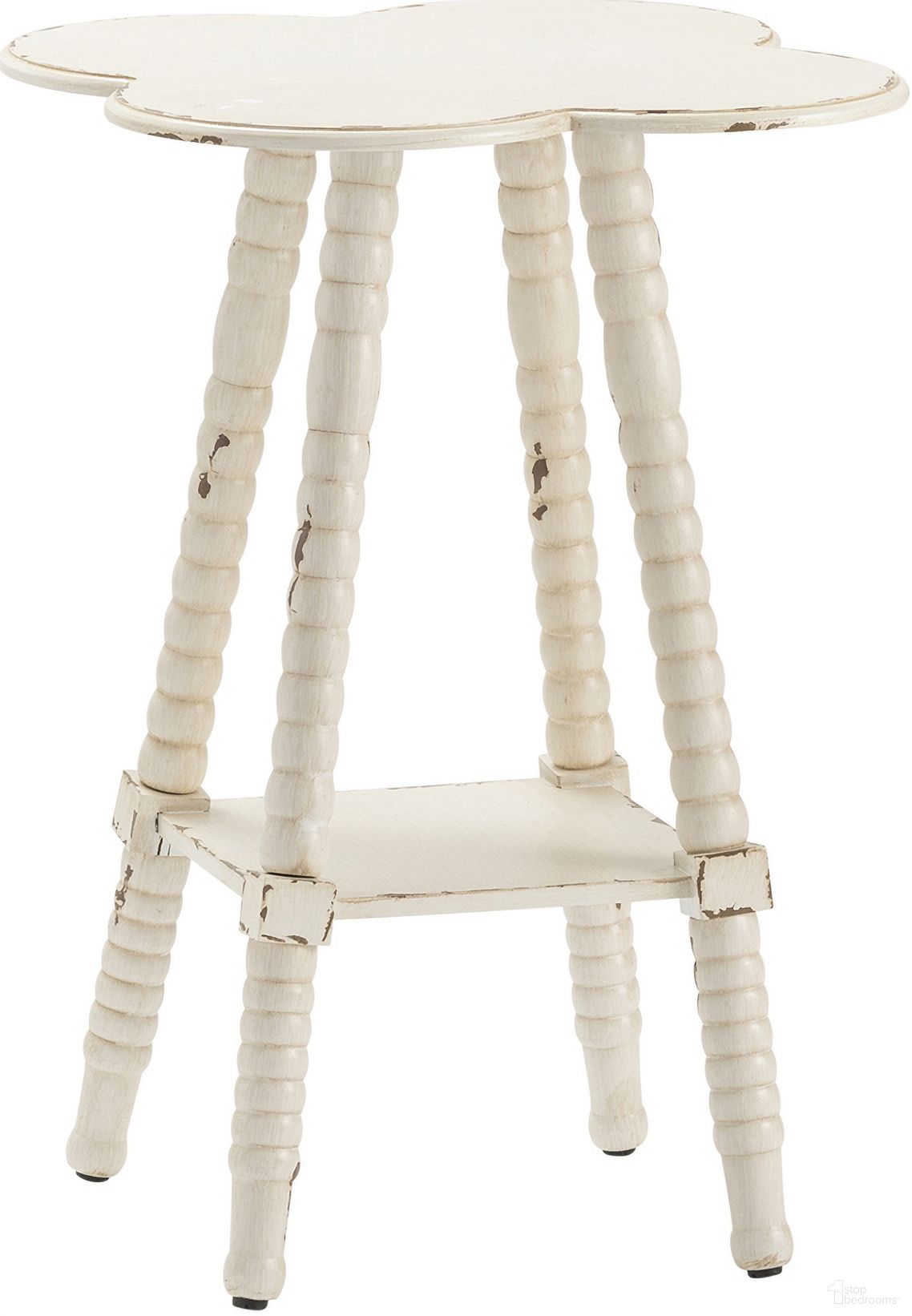 The appearance of Clover Shaped Fir Wood Distressed Accent Table In White designed by Crestview Collection in the traditional interior design. This white piece of furniture  was selected by 1StopBedrooms from  to add a touch of cosiness and style into your home. Sku: CVFZR1485. Material: Solid Wood.