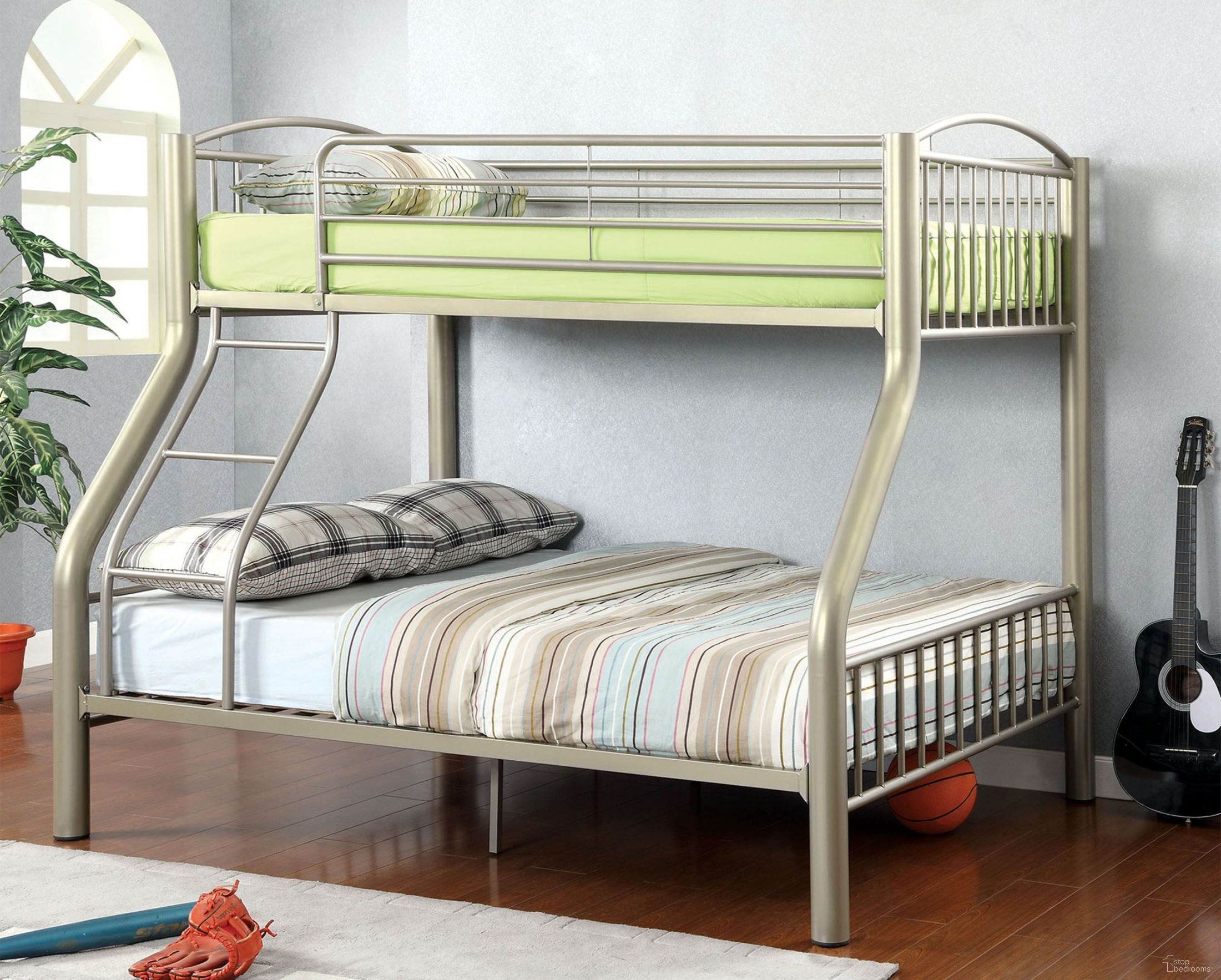 The appearance of Lovia Twin Over Full Metal Bunk Bed designed by Furniture of America in the modern / contemporary interior design. This silver piece of furniture was selected by 1StopBedrooms from Lovia Collection to add a touch of cosiness and style into your home. Sku: CM-BK1037TF. Bed Type: Bunk Bed. Material: Metal. Bed Size: Twin Over Full.